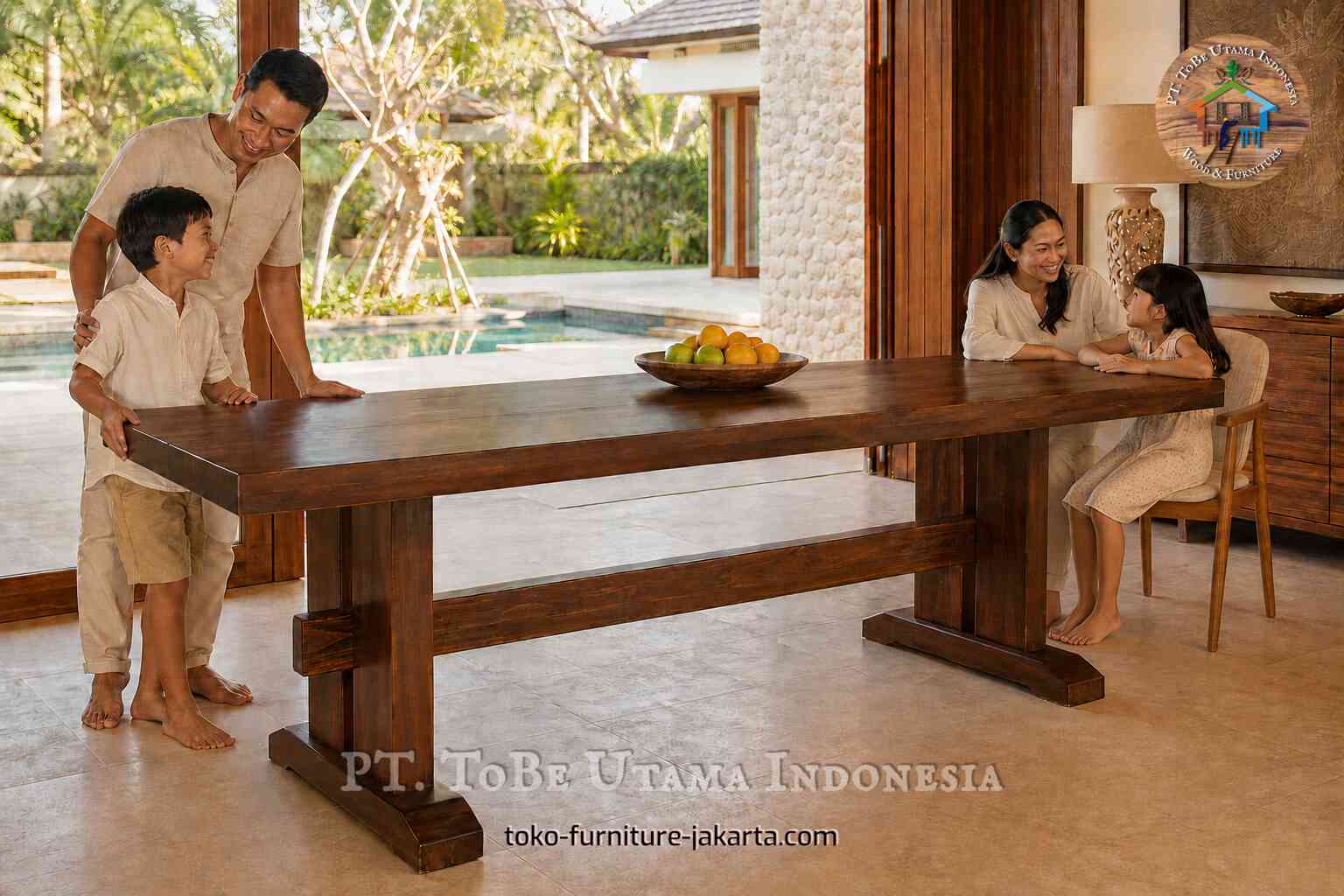 Long wood-finish dining table in a covered terrace dining area