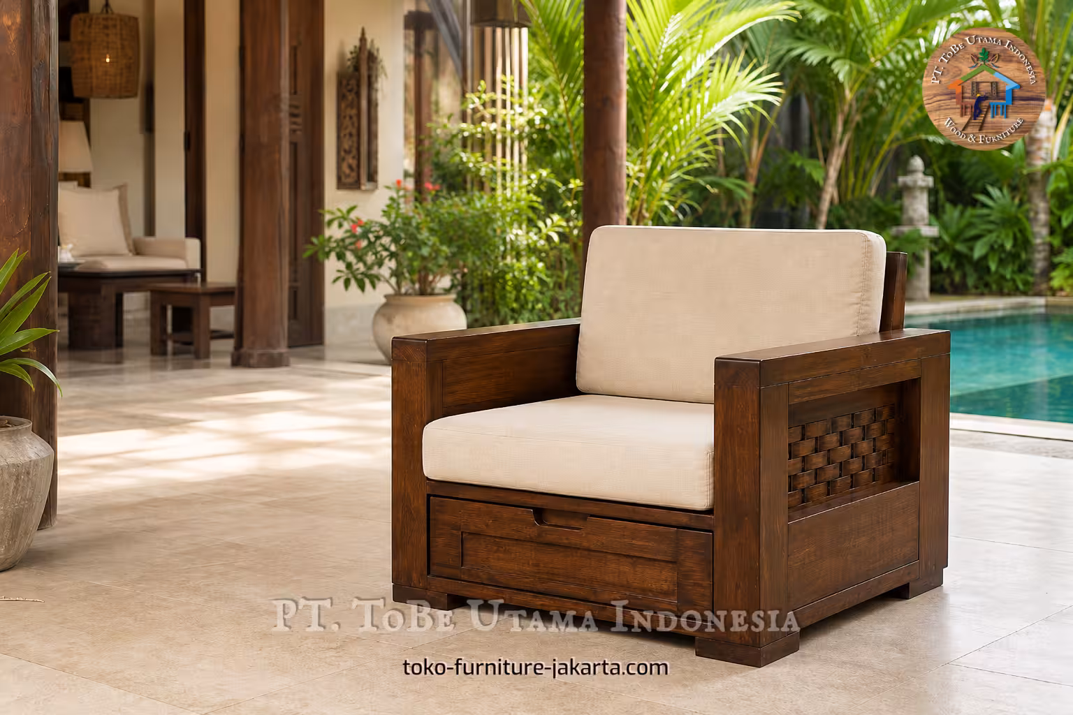 Wooden cushioned armchair on a tropical poolside patio with woven side panel and lower drawer