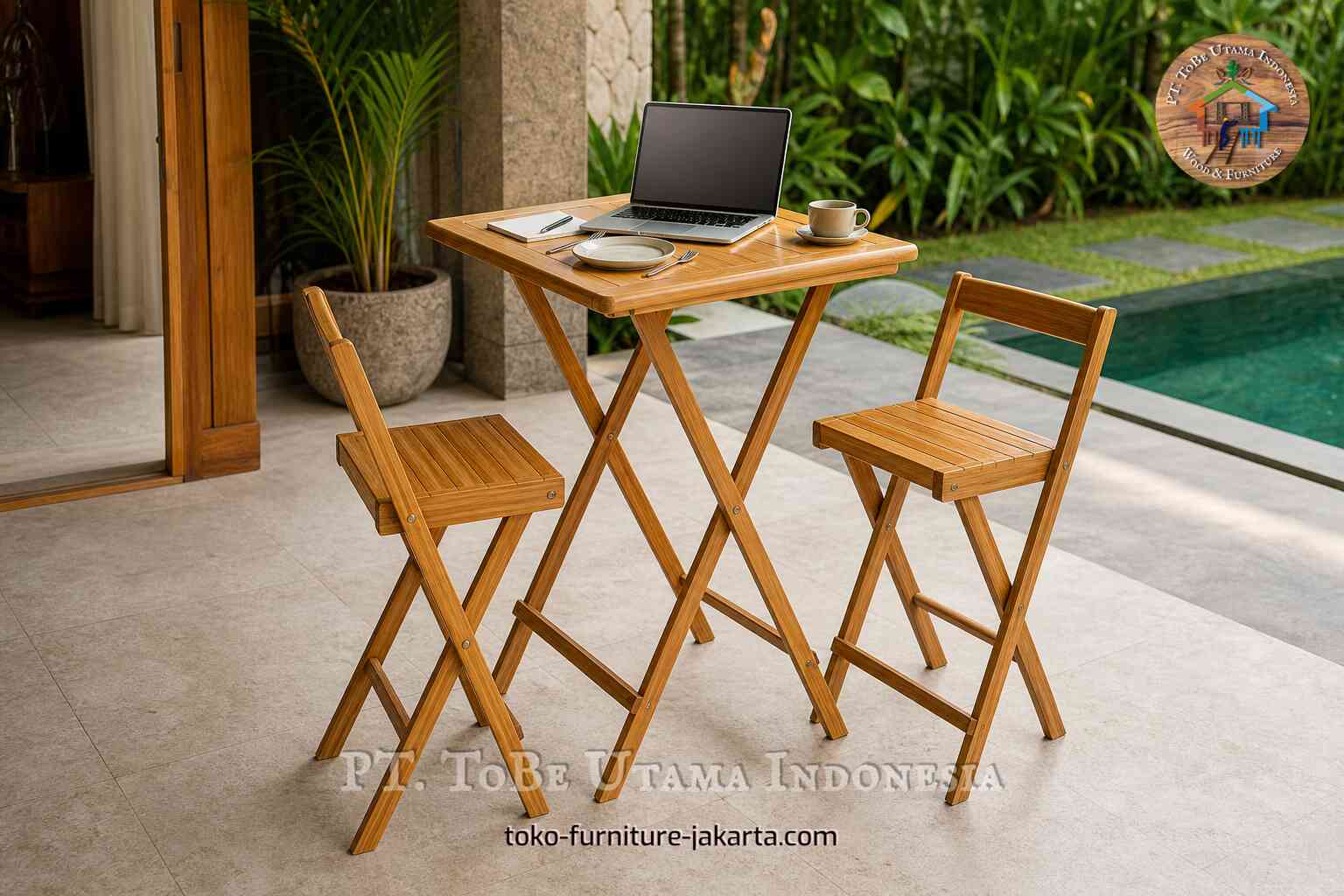 Meja lipat kayu dan dua kursi di teras di samping kolam renang, dengan laptop dan peralatan makan di atasnya.
