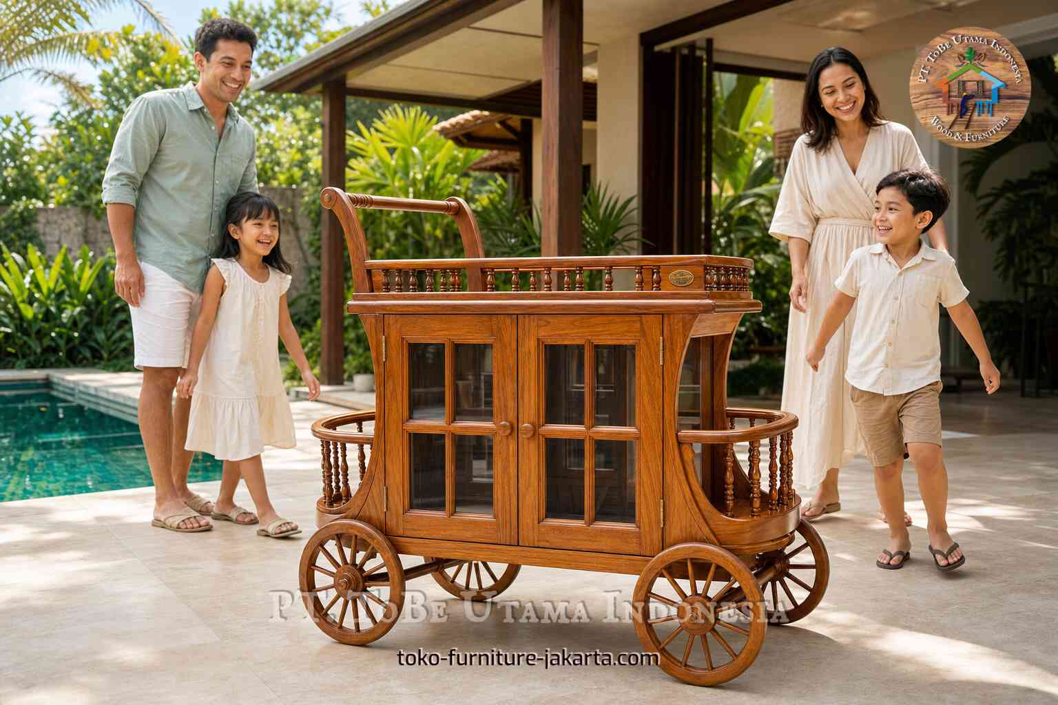 Kereta pajangan kayu dengan pintu kaca dan roda berjari-jari di teras vila yang cerah di samping orang-orang yang tersenyum.