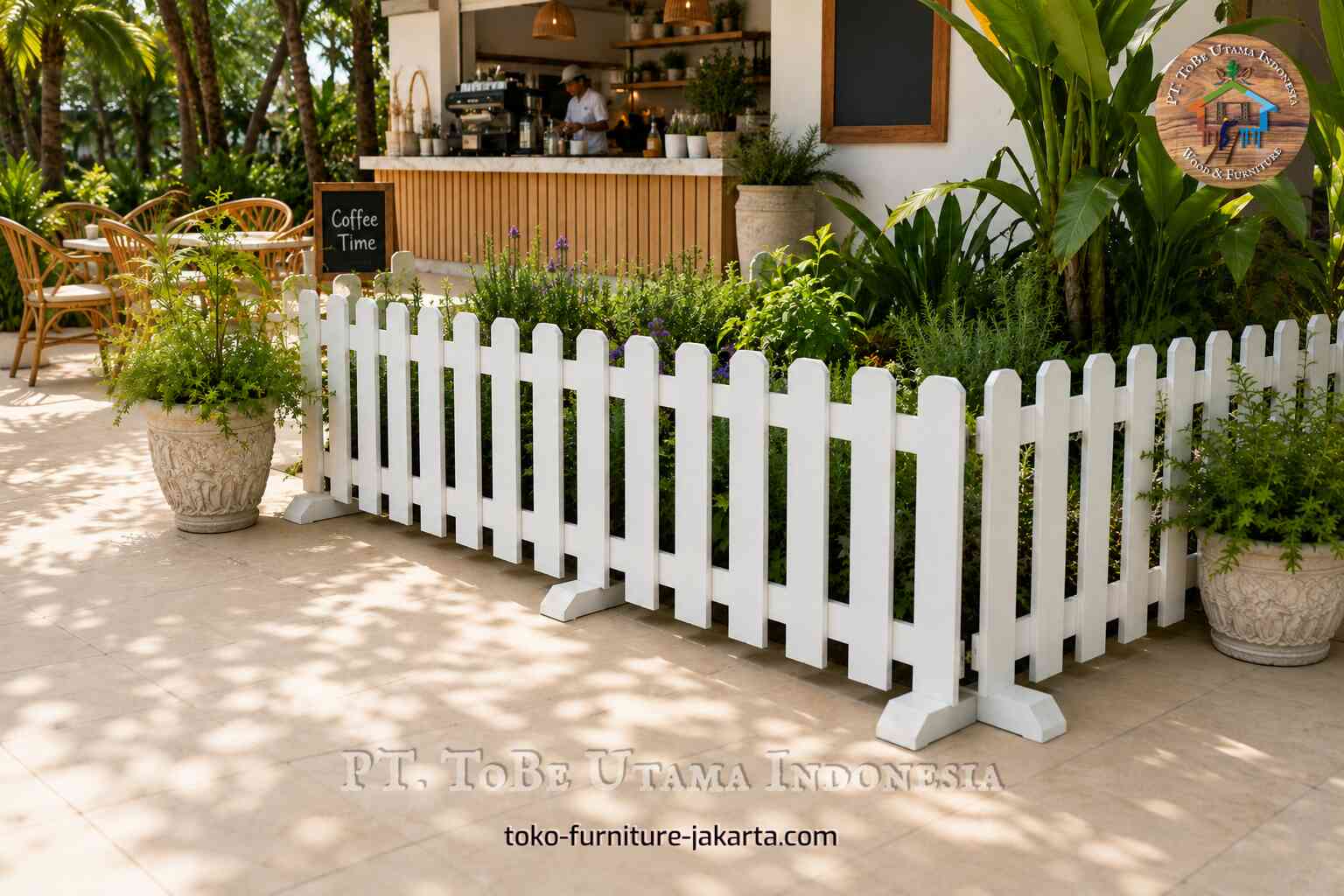 White picket fence used as a decorative garden barrier in a tropical outdoor cafe setting