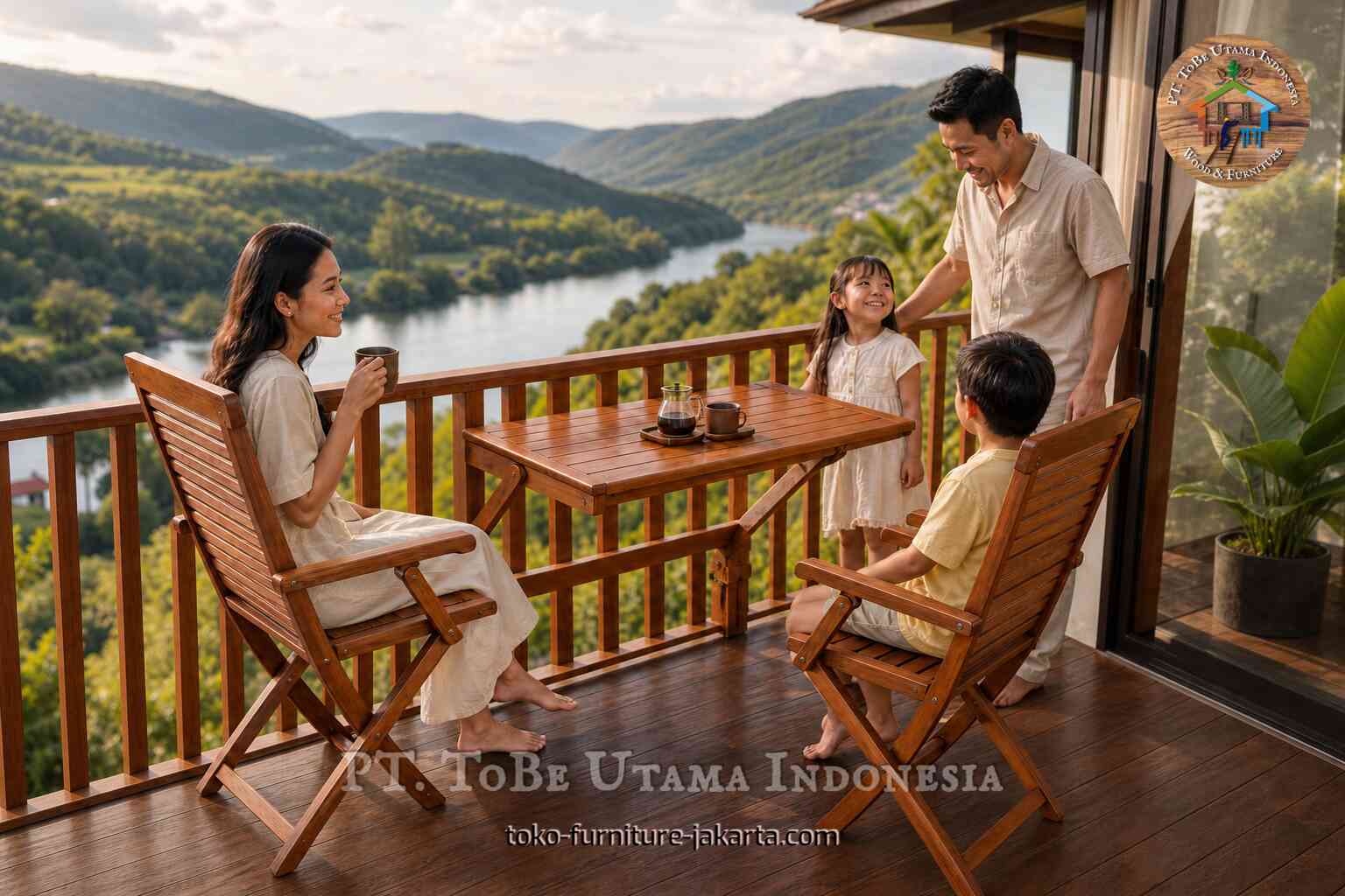 Wooden balcony table and folding chairs with a family enjoying coffee by a mountain river view