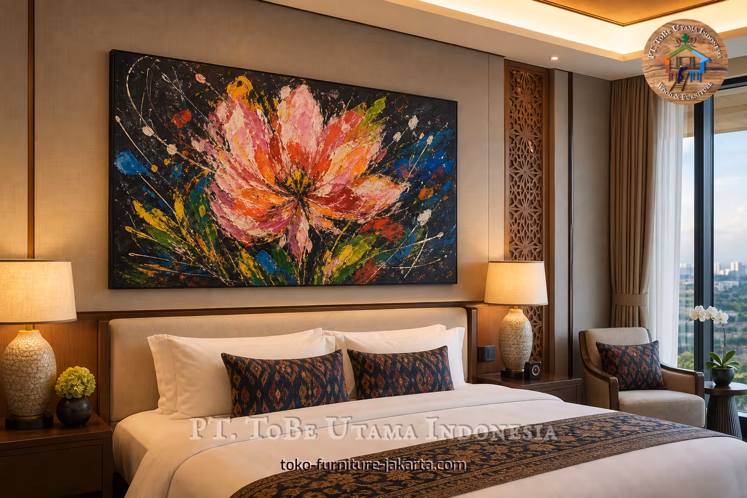 Large colorful abstract flower painting above a neatly made bed in a warm bedroom interior