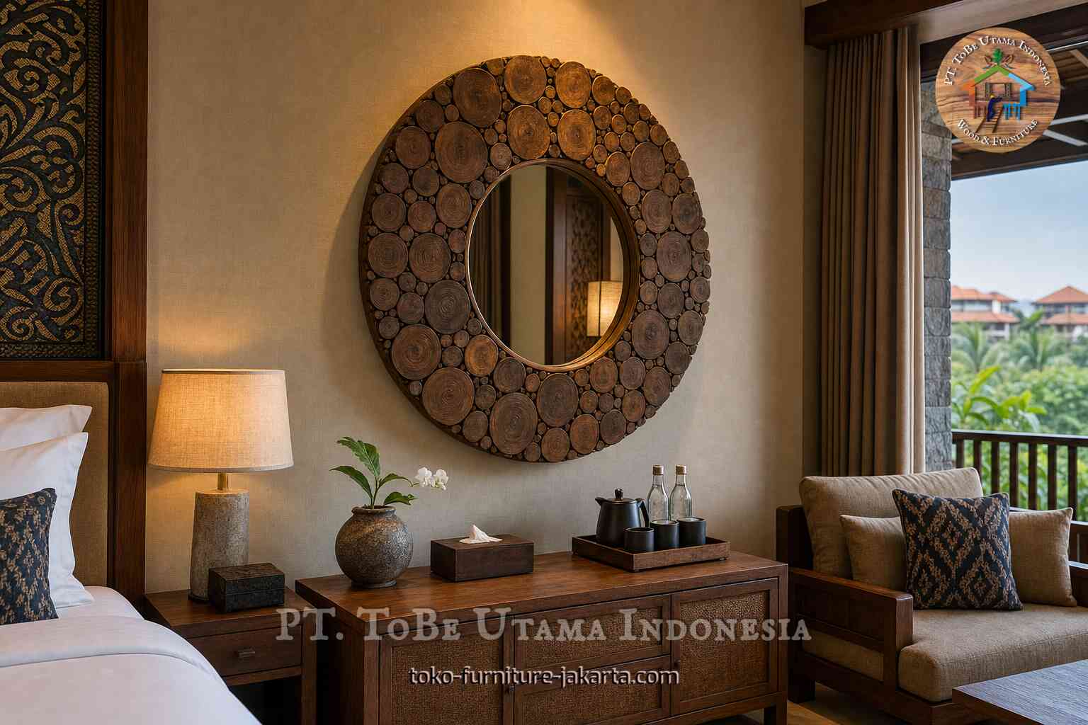 Cermin dinding bundar dengan bingkai potongan kayu di atas lemari di kamar hotel.
