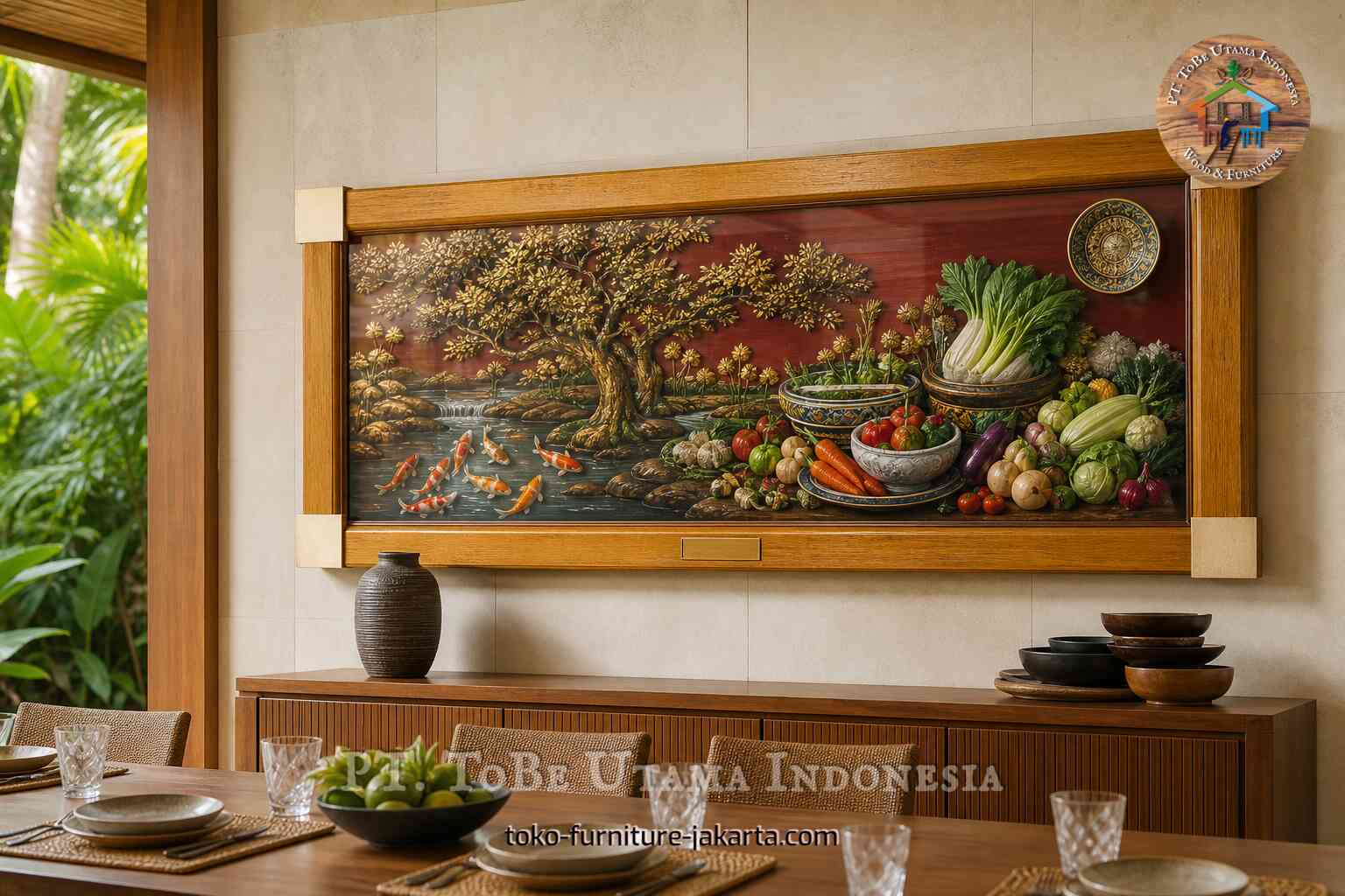 Framed Asian-style dining room wall art with koi pond, golden tree, and vegetables above a wooden sideboard