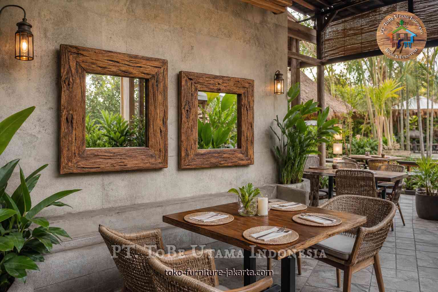 Two rustic wood frames on a textured wall in an outdoor dining patio with plants and woven chairs