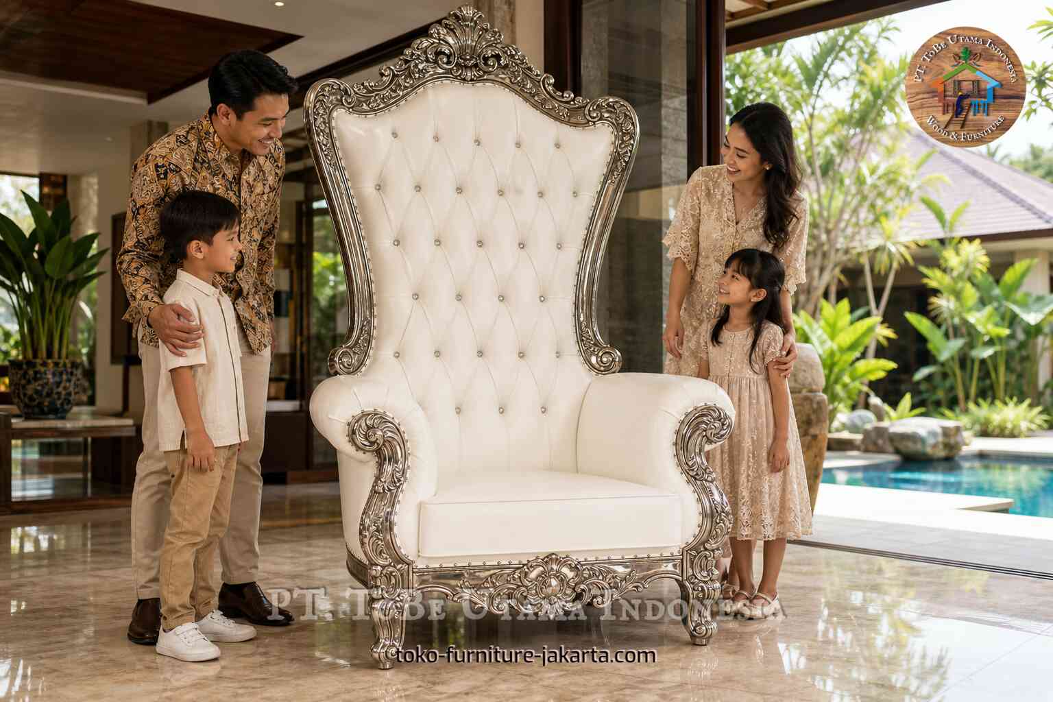 Kursi singgasana putih berlapis kain dengan sandaran tinggi dan bingkai perak berornamen, berpose bersama keluarga di interior vila mewah.