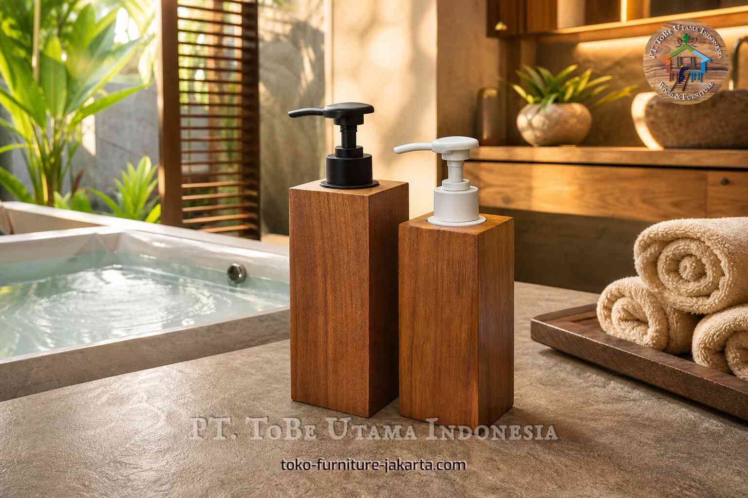 Dua dispenser pompa bermotif kayu di atas meja kamar mandi batu di samping bak mandi dan handuk gulung.