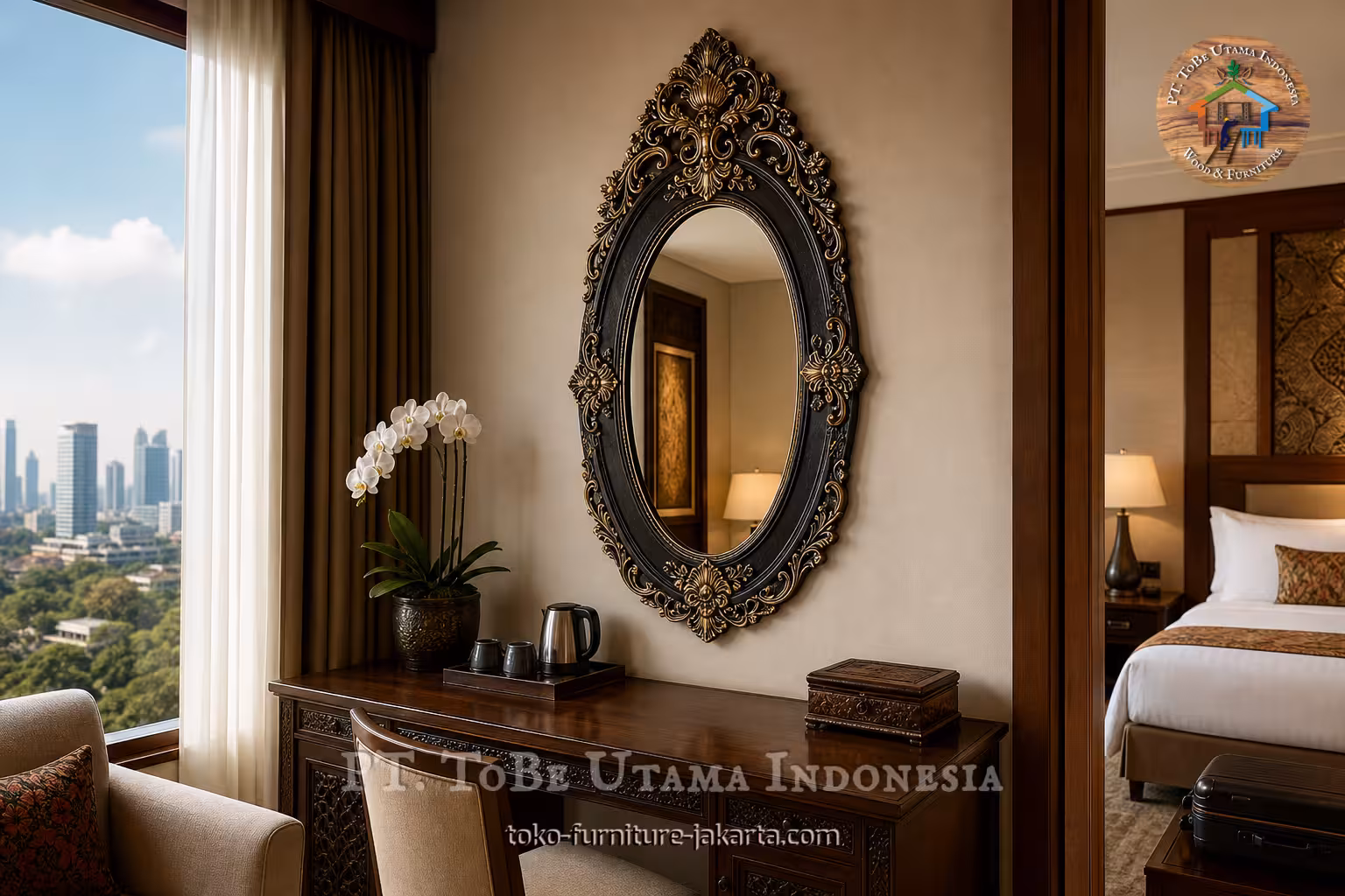 Oval wall mirror with ornate frame above a bedroom vanity desk