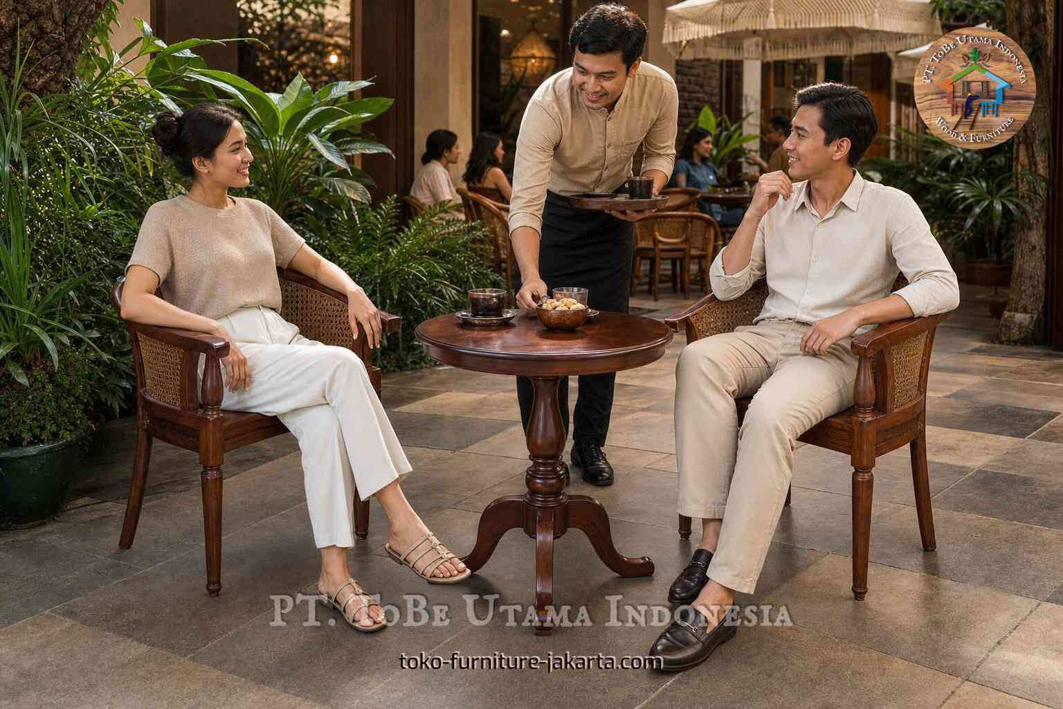 Wood cane armchairs with a round pedestal table on a tiled patio with plants and drinks