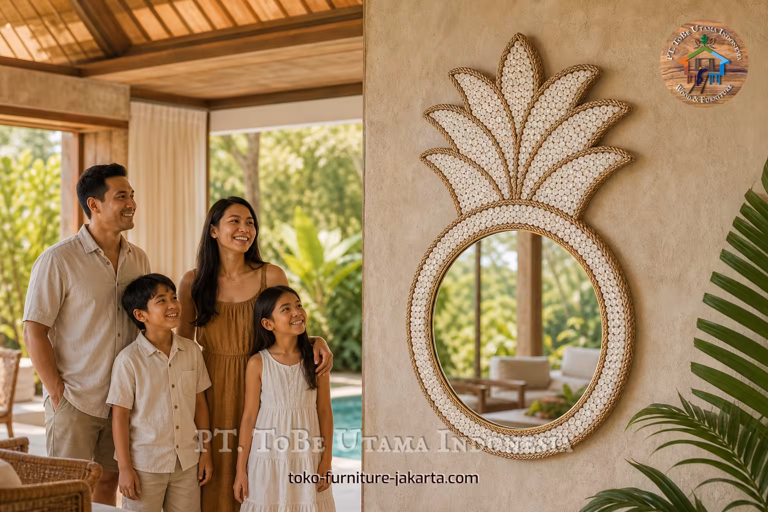 Round shell-style mirror with pineapple crest on a villa wall beside a smiling family