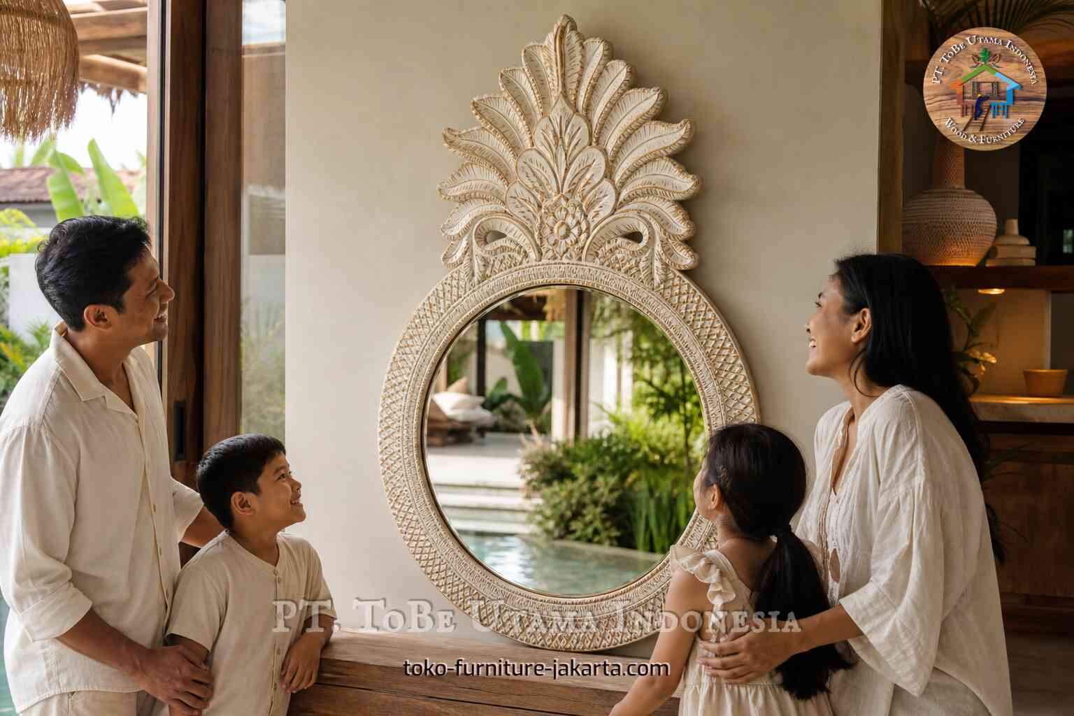 Sebuah keluarga mengagumi cermin dinding bundar berornamen dengan detail ukiran daun di interior vila tropis yang hangat.