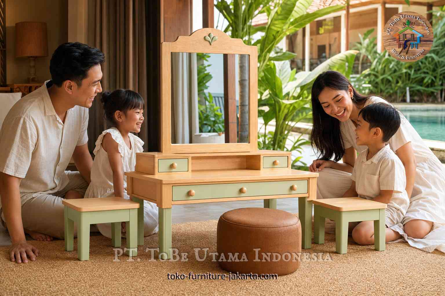 Family gathered around a wooden child-size dressing table with mirror, green drawers, and a brown stool near a patio