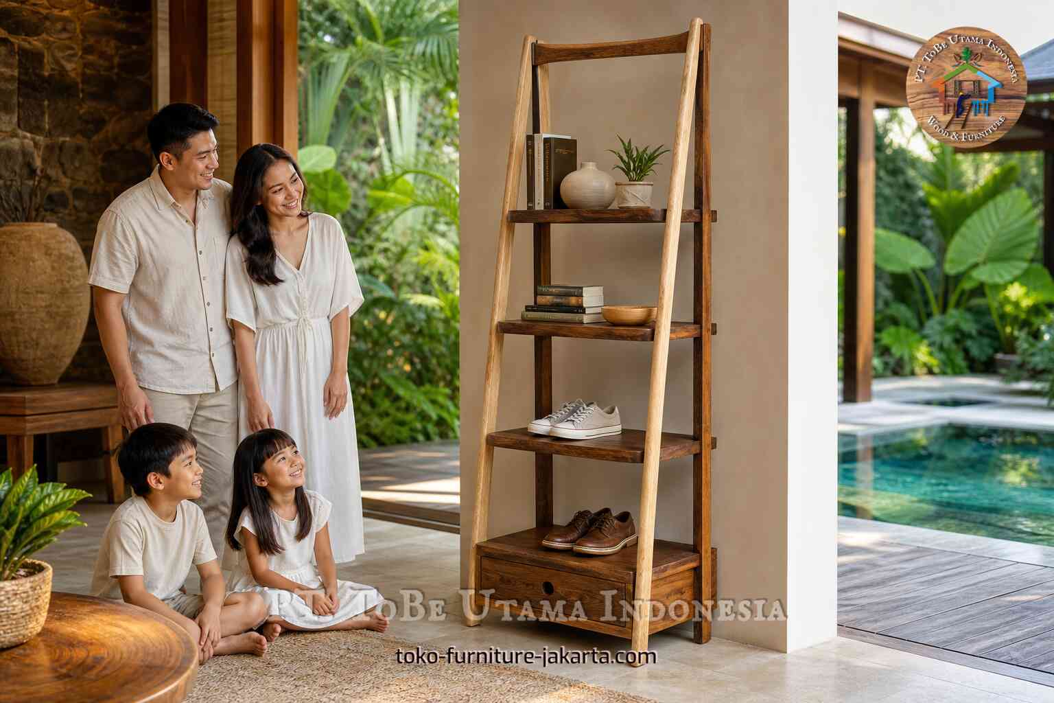 Family beside a wooden ladder shelf with books, shoes, and decor in a tropical villa interior