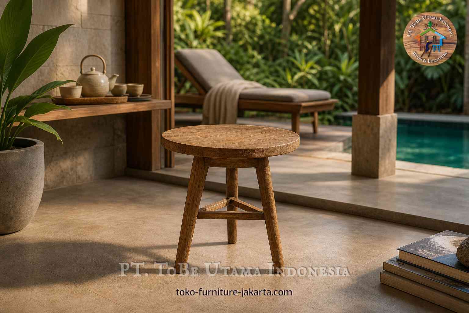 Meja samping bundar dari kayu di teras beratap di samping kolam renang dengan tanaman tropis.