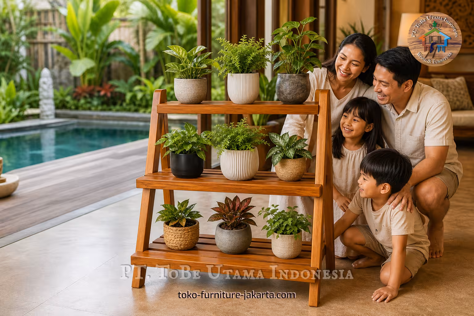 Wooden three-tier plant shelf with potted greenery beside a smiling family on a tropical patio