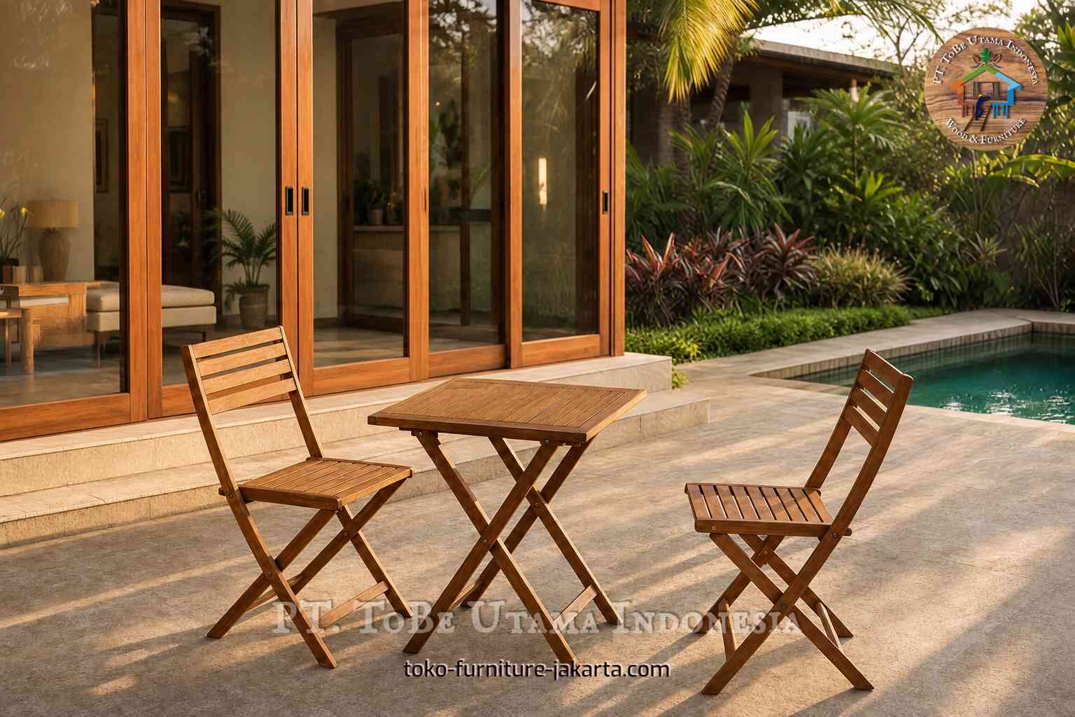 Wooden garden folding table with two matching chairs on a sunlit poolside patio