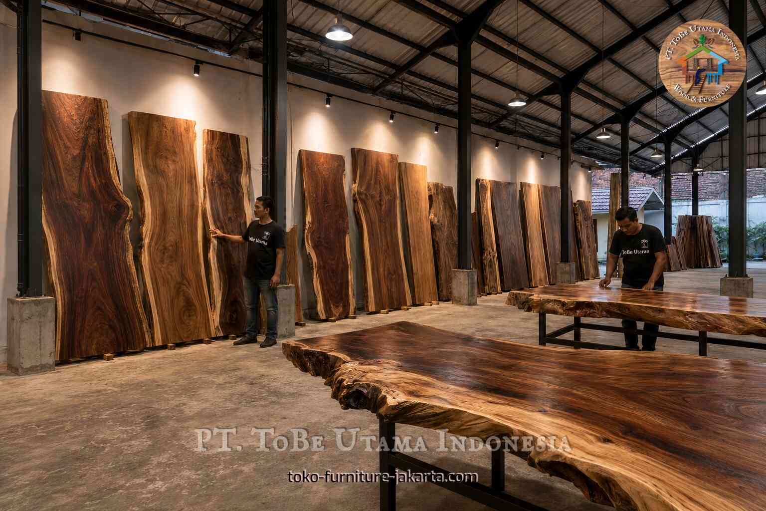 Lempengan kayu dengan tepi alami dan permukaan meja dipajang di ruang pamer bengkel dengan para pekerja.