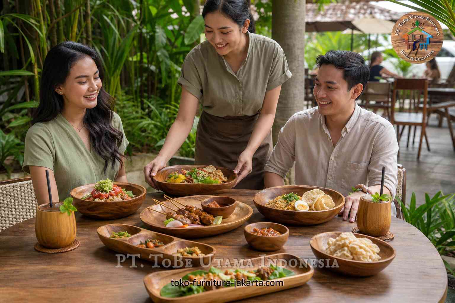 Diners at a wooden table with wooden bowls and tropical restaurant greenery