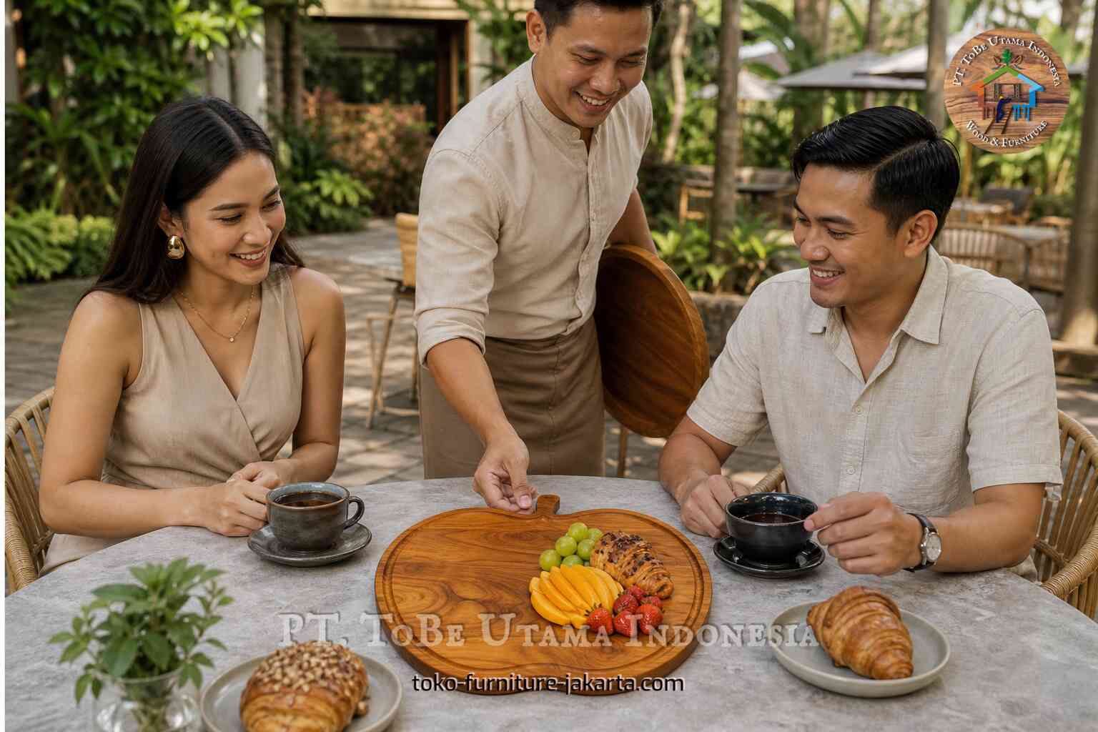 Apple-shaped wooden serving tray with fruit and pastry on a table with people enjoying coffee