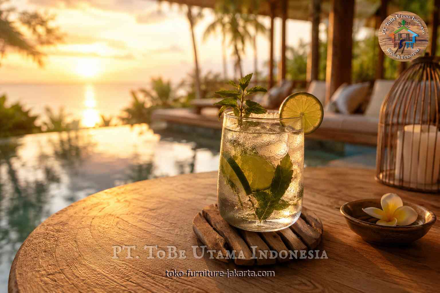 Wooden slat coaster holding a mojito-style drink on a poolside table at sunset