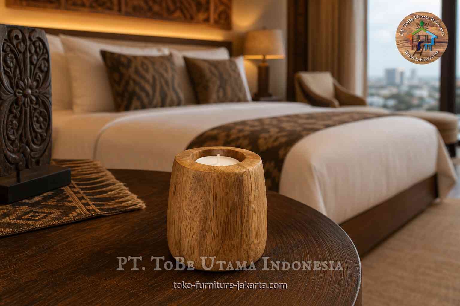 Tempat lilin kayu berisi lilin kecil di atas meja kamar hotel di samping tempat tidur.