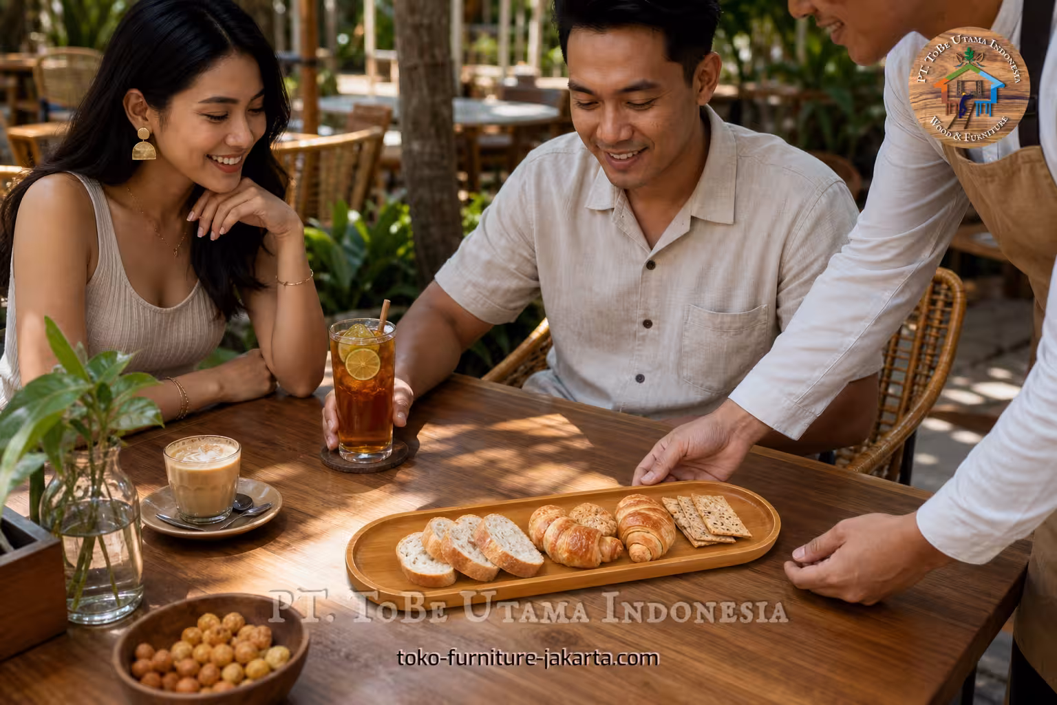 Oval wooden tray serving bread, croissants, and crackers on an outdoor cafe table with guests