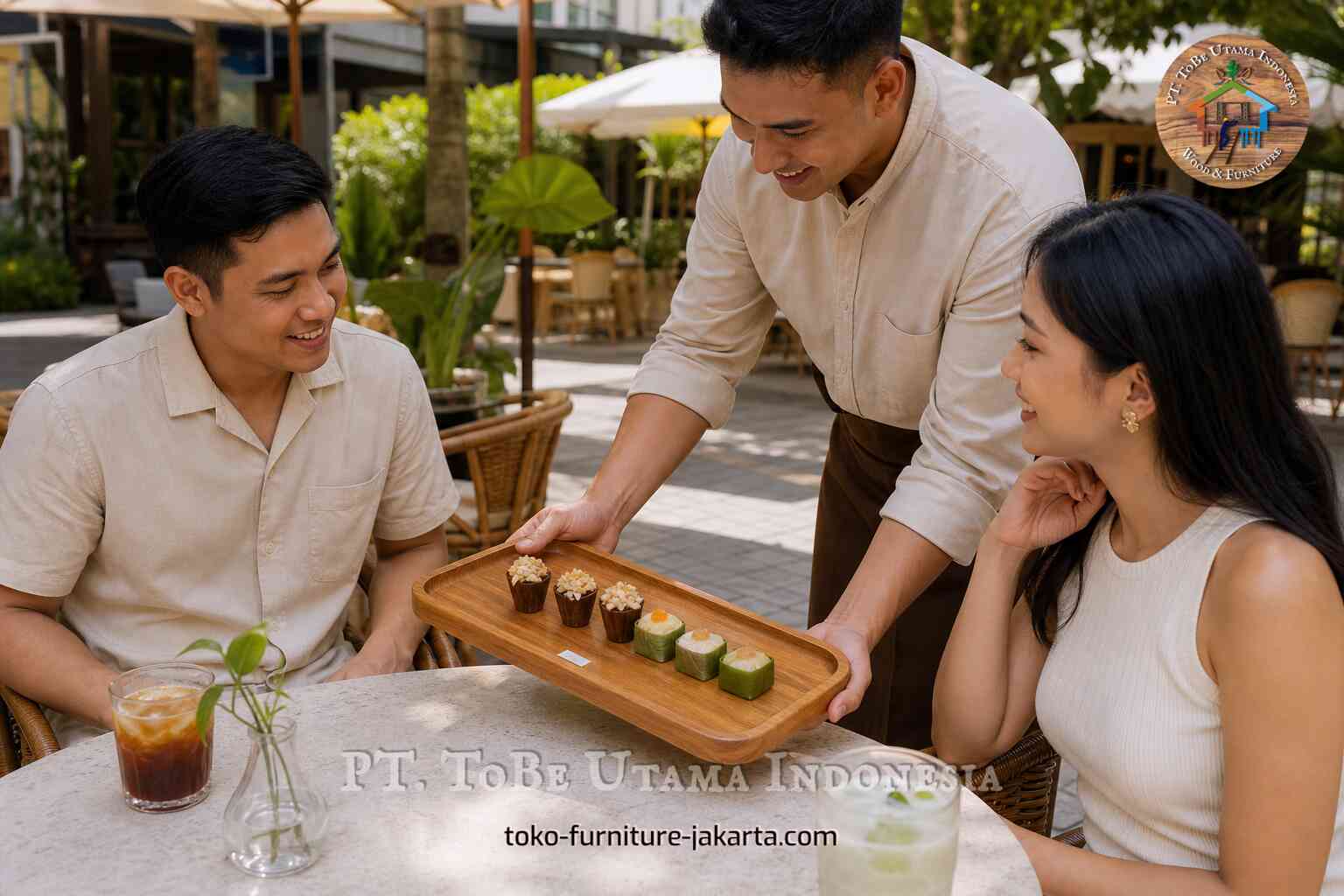 Pelayan menyajikan makanan penutup berukuran kecil di atas nampan kayu kepada para tamu di kafe luar ruangan.