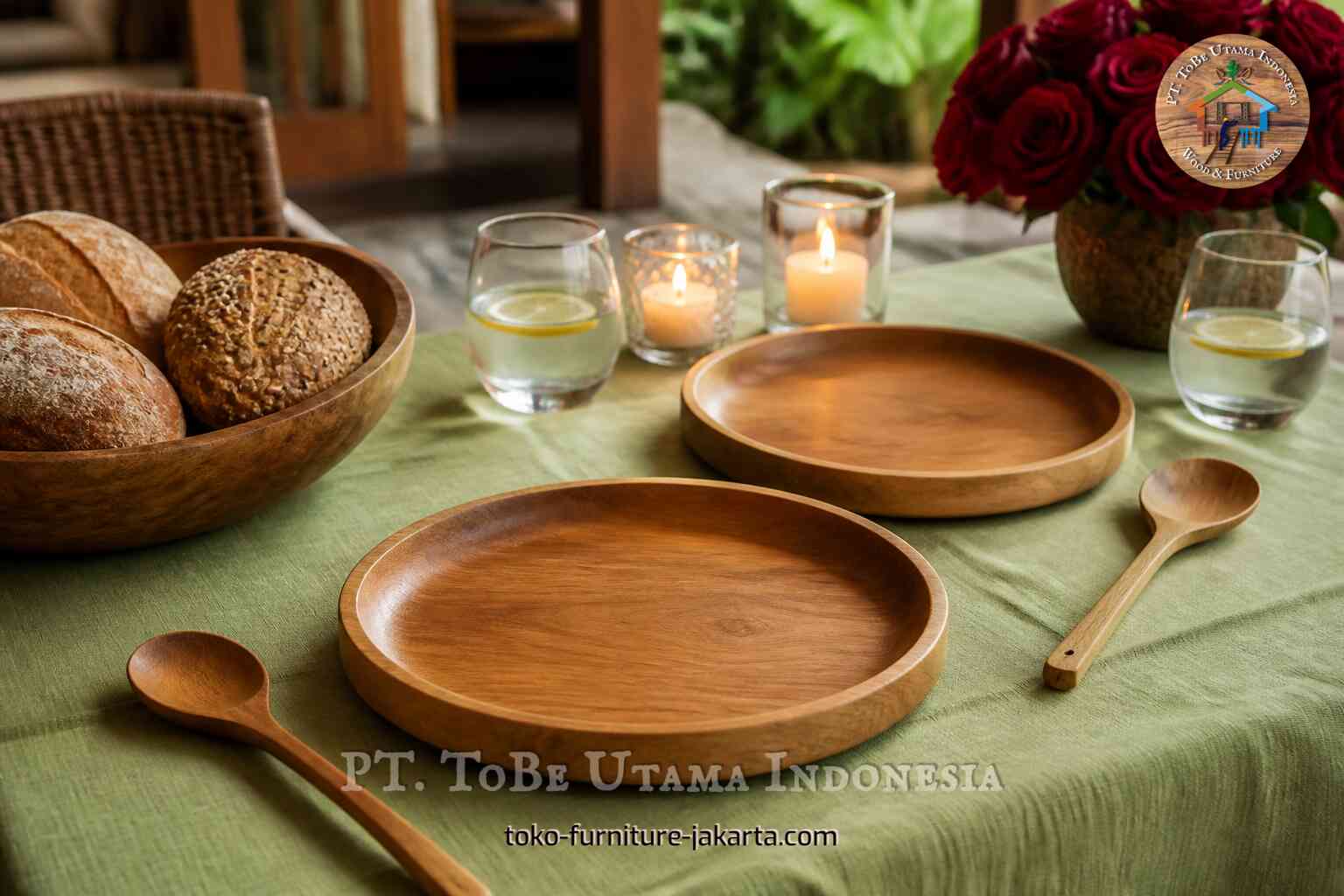 Shallow wooden plates with spoons on a green tablecloth beside bread, candles, lemon water, and red roses
