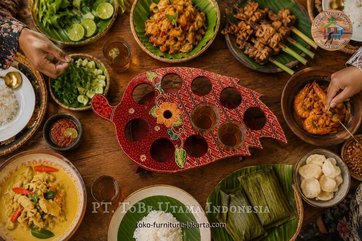 Red batik-pattern glass holder with cups on an Indonesian-style dining table