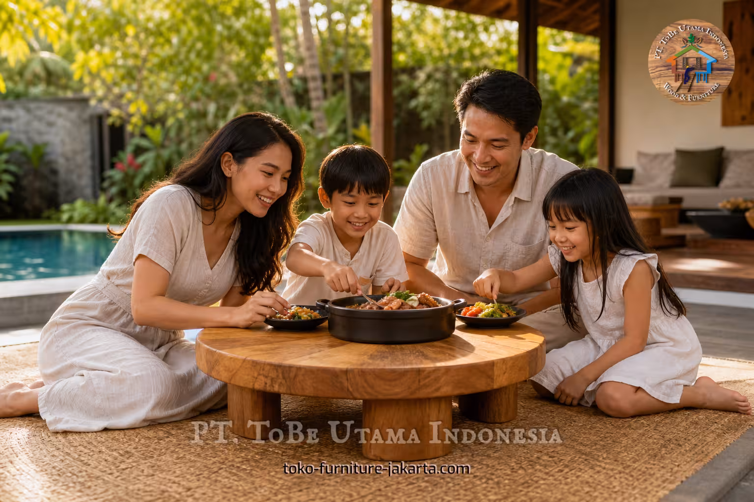 Family sharing a meal around a low round wooden pedestal table on a sunny patio by a pool