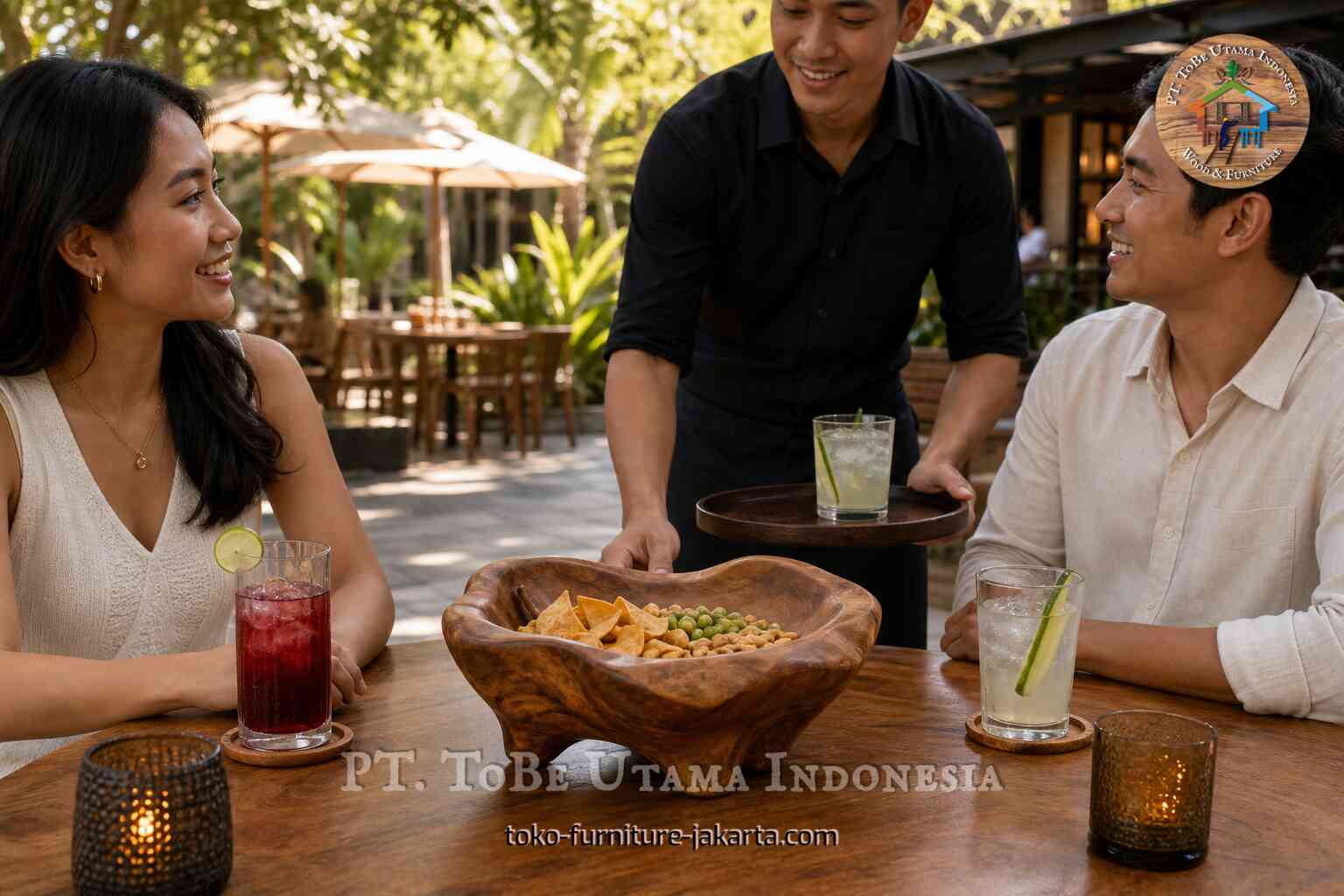 Carved wooden snack bowl with chips and nuts on a table between two cafe guests