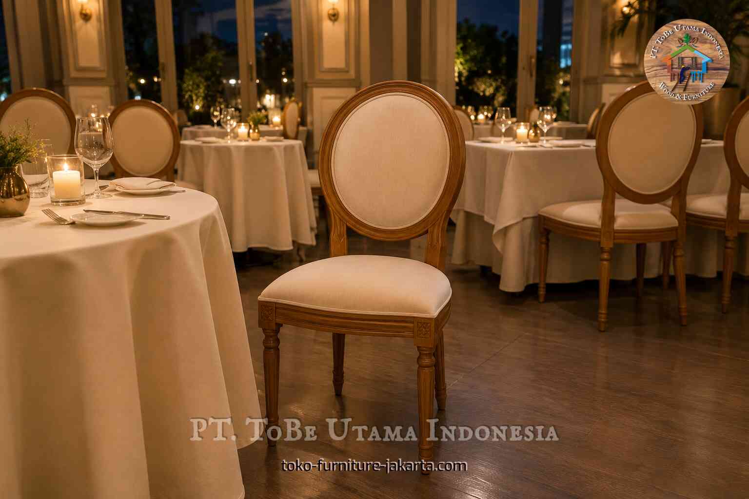 Round-back upholstered wooden chair in a candlelit restaurant dining room