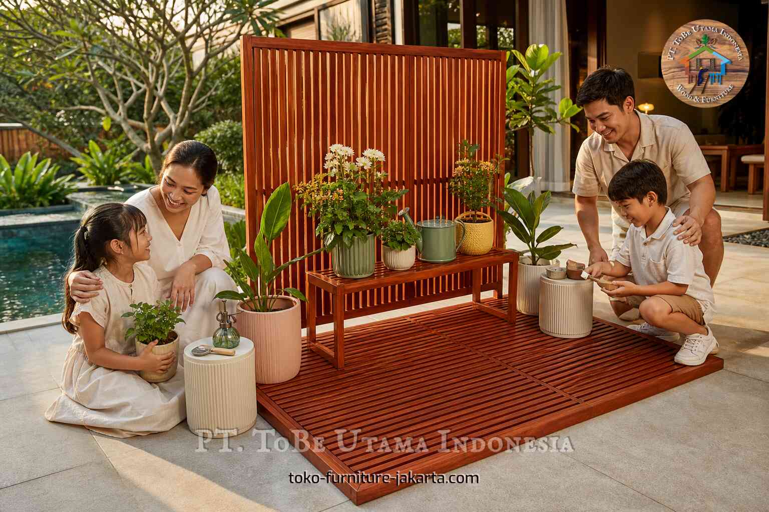 Family arranging ribbed plant pots on a sunny patio beside a wooden garden screen and pool