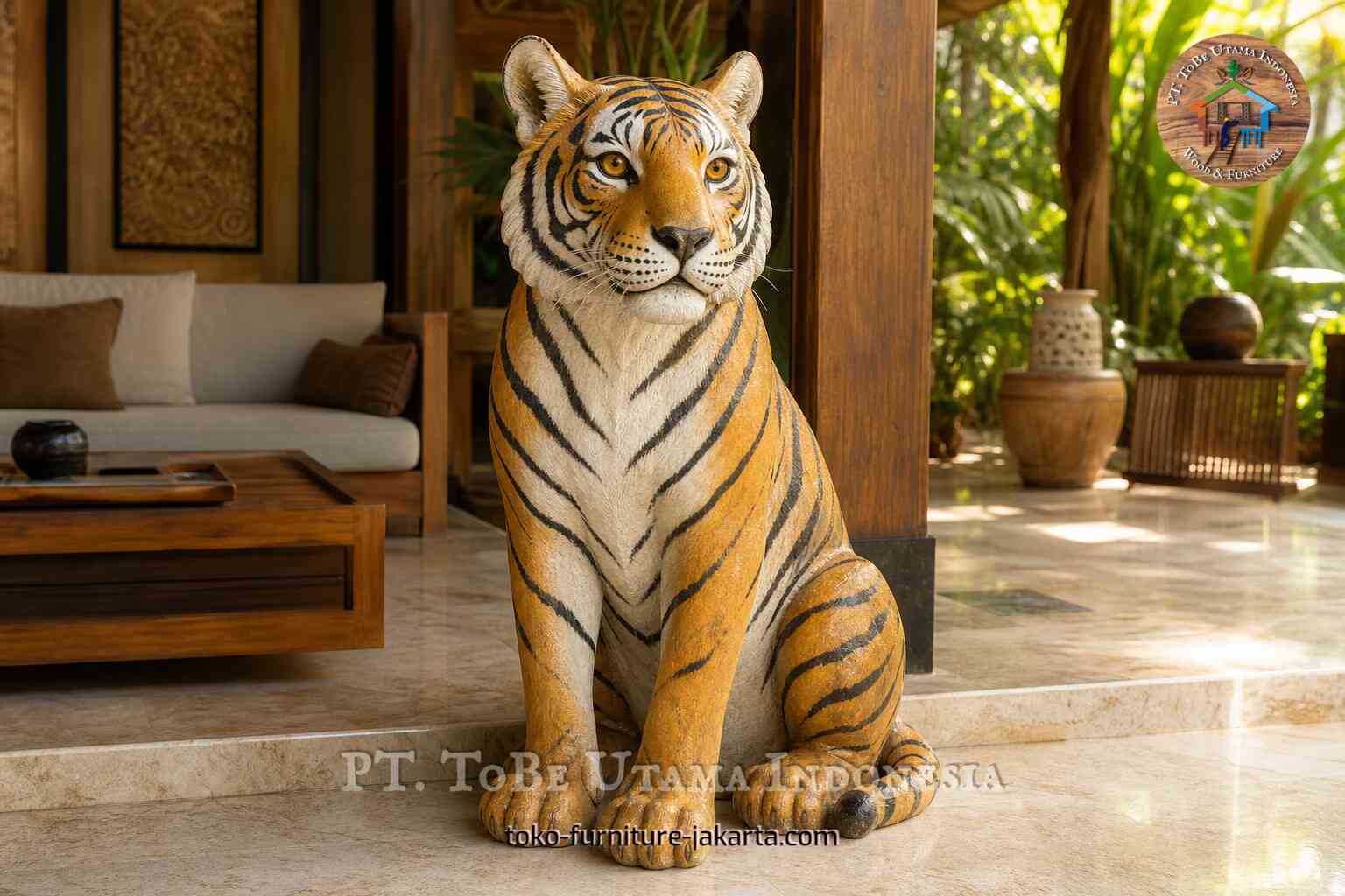 Large seated tiger decor at a tropical villa entrance with wood columns, marble floor, and greenery