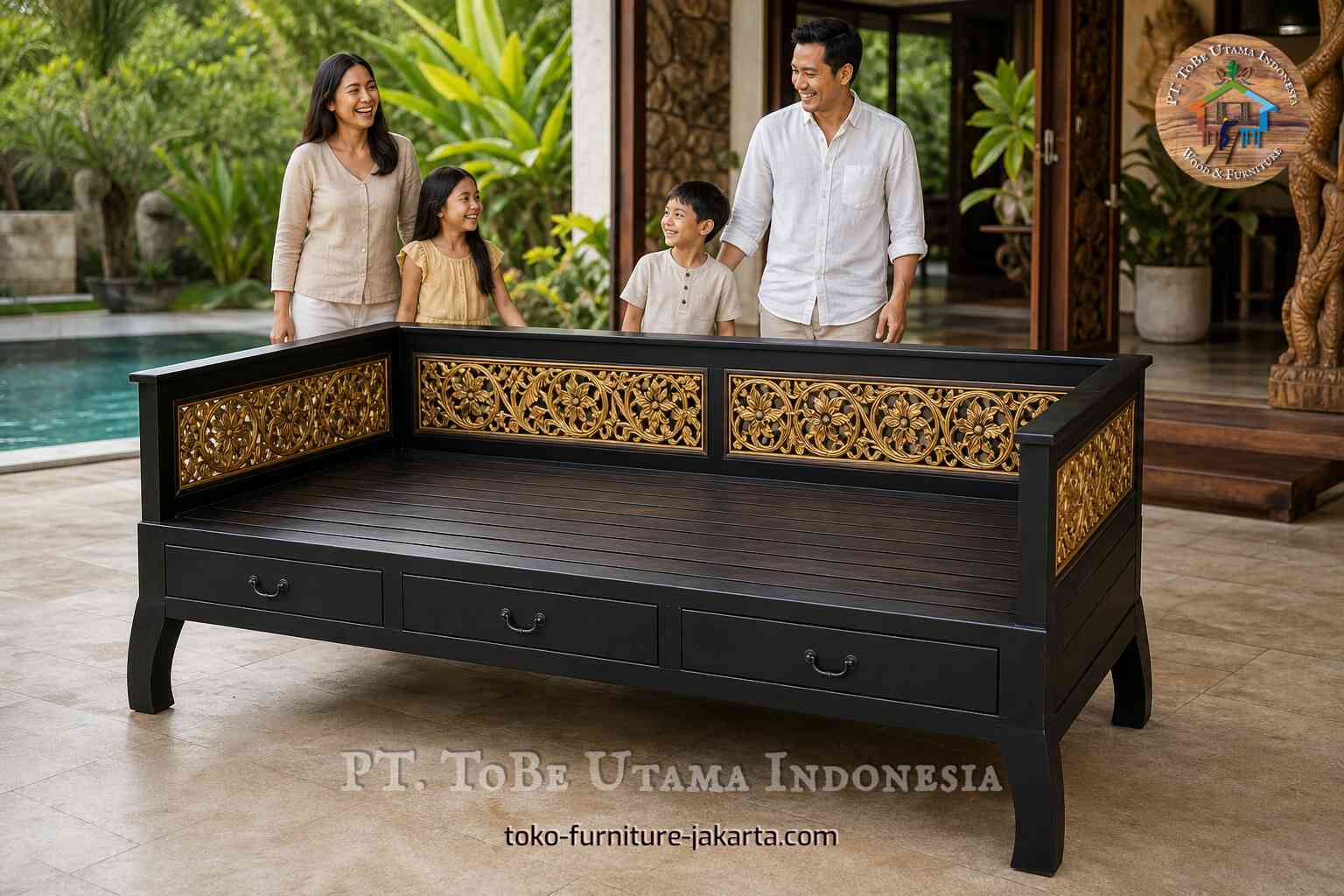 Tempat tidur santai dari kayu berukir hitam dengan panel bunga emas di teras vila tropis dengan sebuah keluarga di dekatnya.