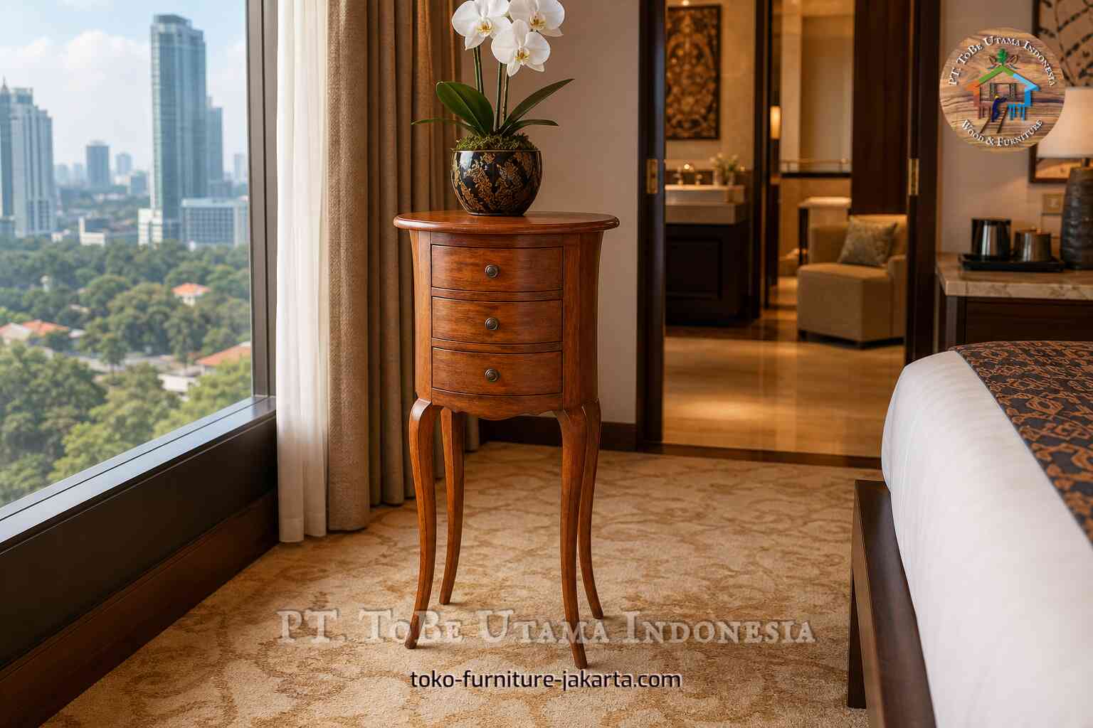 Rak tanaman tinggi berbahan kayu dengan laci di samping jendela kamar hotel.