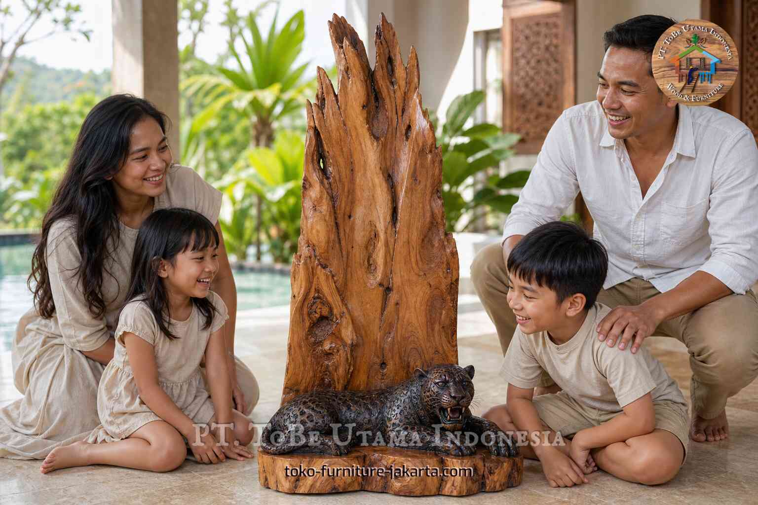 Family smiling around a dark spotted big cat statue on a carved wood base in a tropical patio
