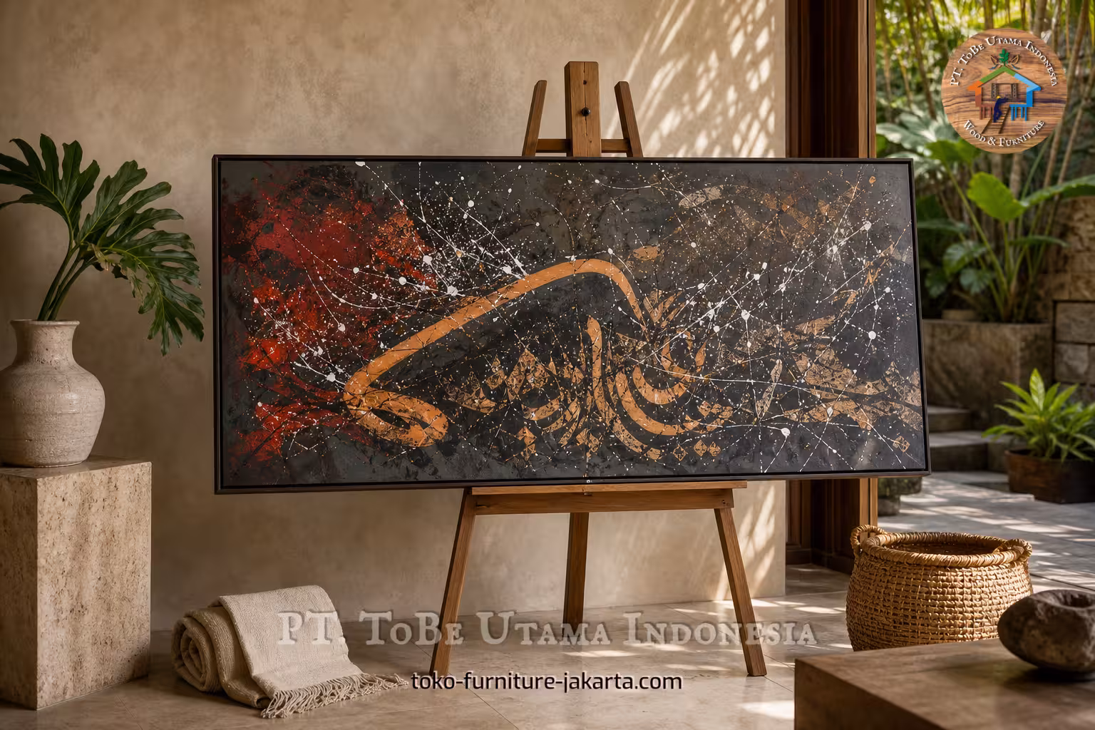 Framed abstract sujud artwork on an easel in a warm indoor garden setting with plants and natural light