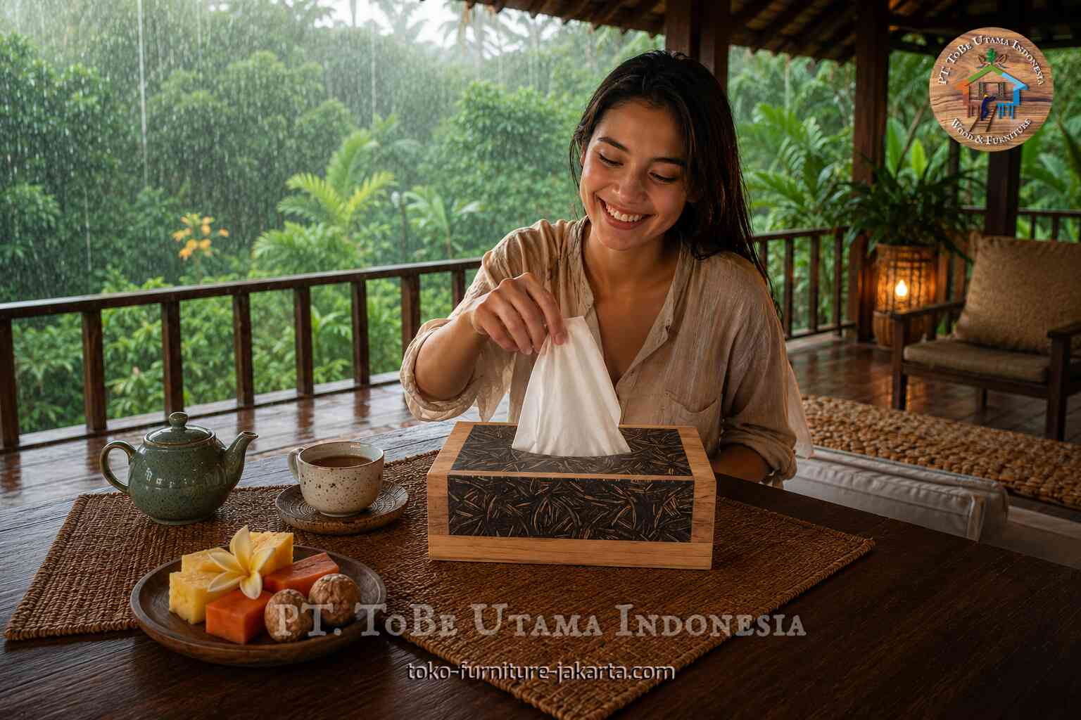Rectangular tissue box on a wooden table with tea and fruit on a rainy tropical veranda
