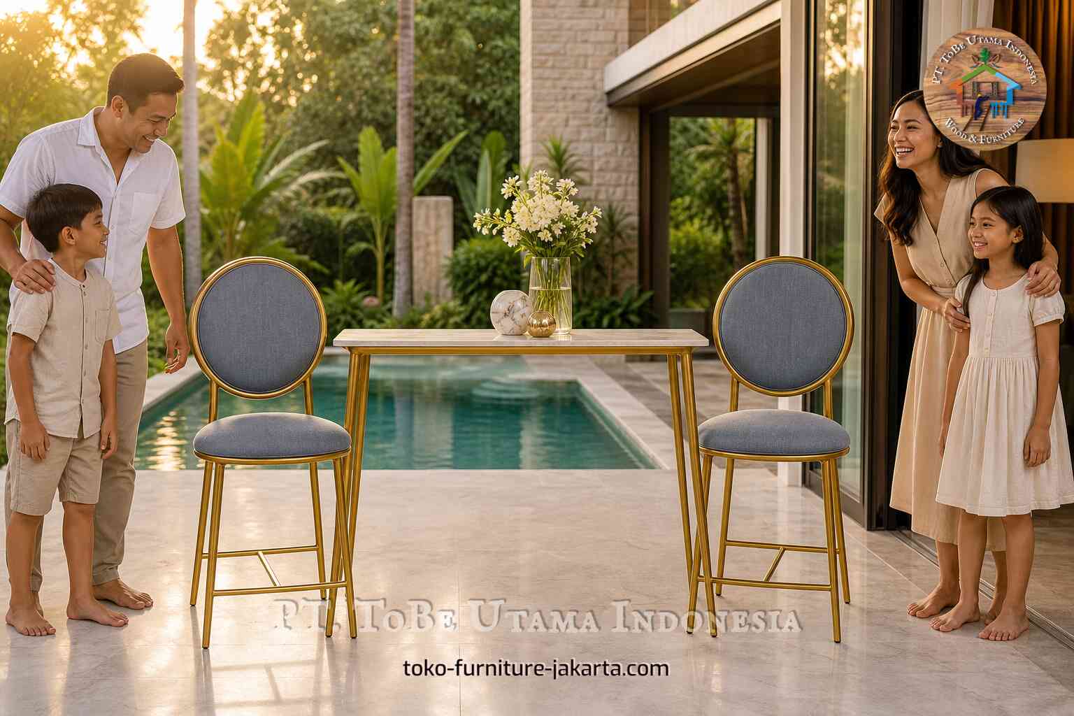Two gray round-back chairs with gold frames by a patio table beside a pool with family nearby