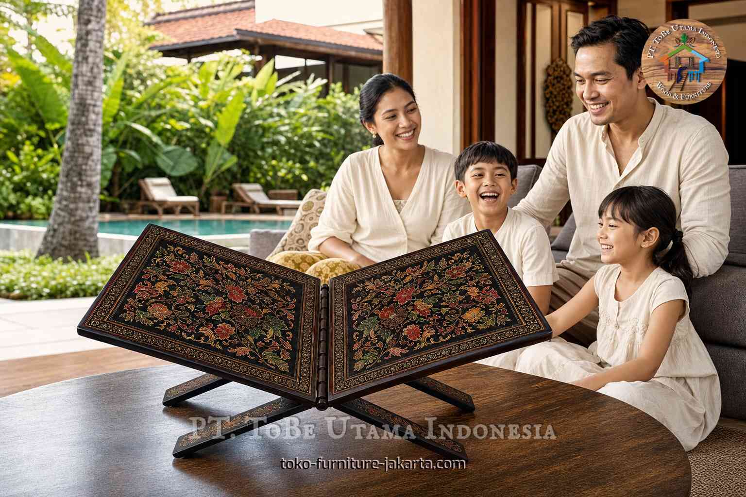 Decorative batik-style folding book stand on a table with a smiling family in a tropical living room