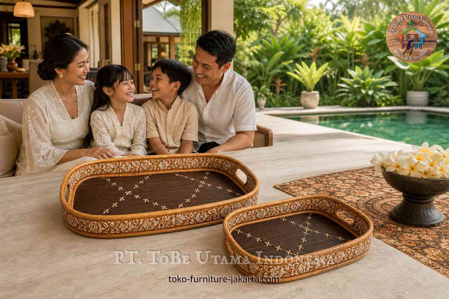 Family smiling beside two batik-style trays on a poolside table in a tropical villa
