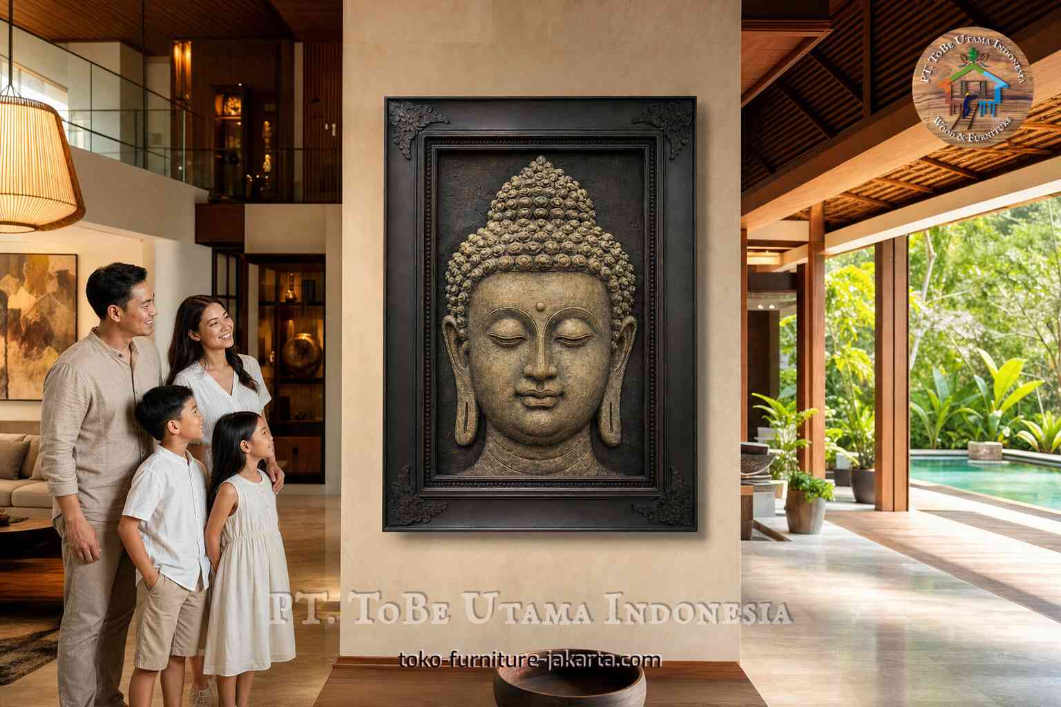 Lukisan Buddha berbingkai dipajang di interior vila yang hangat, sementara sebuah keluarga memandanginya.