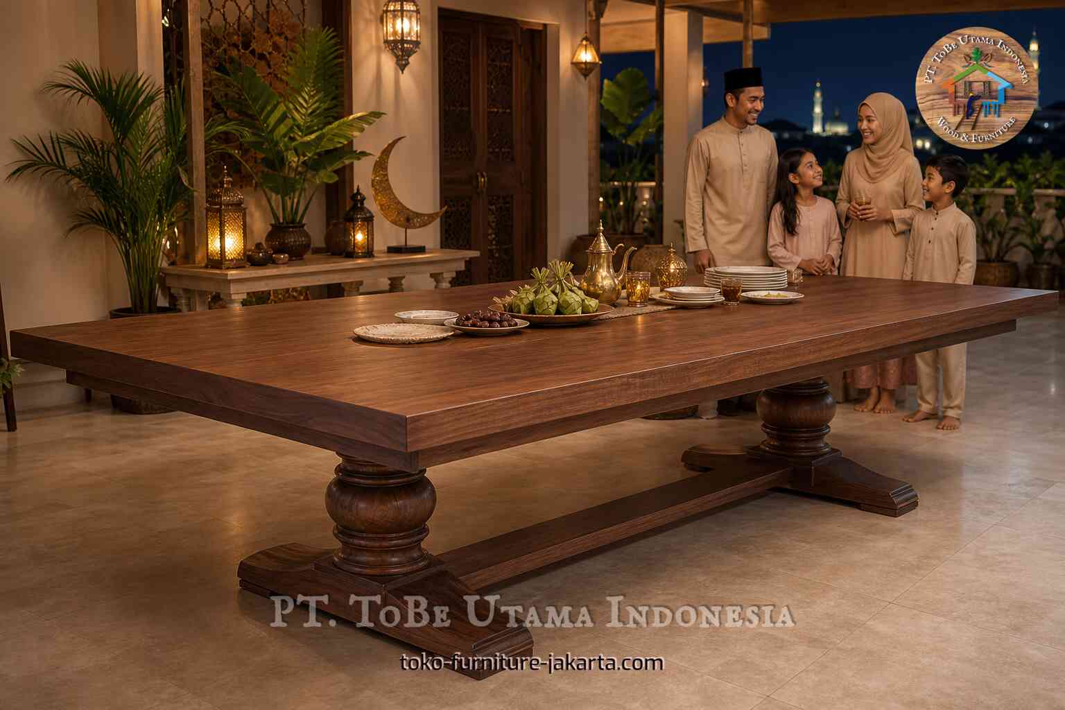 Meja alas persegi panjang besar berwarna kayu di ruang makan meriah yang diterangi dengan hangat dengan dekorasi malam hari.