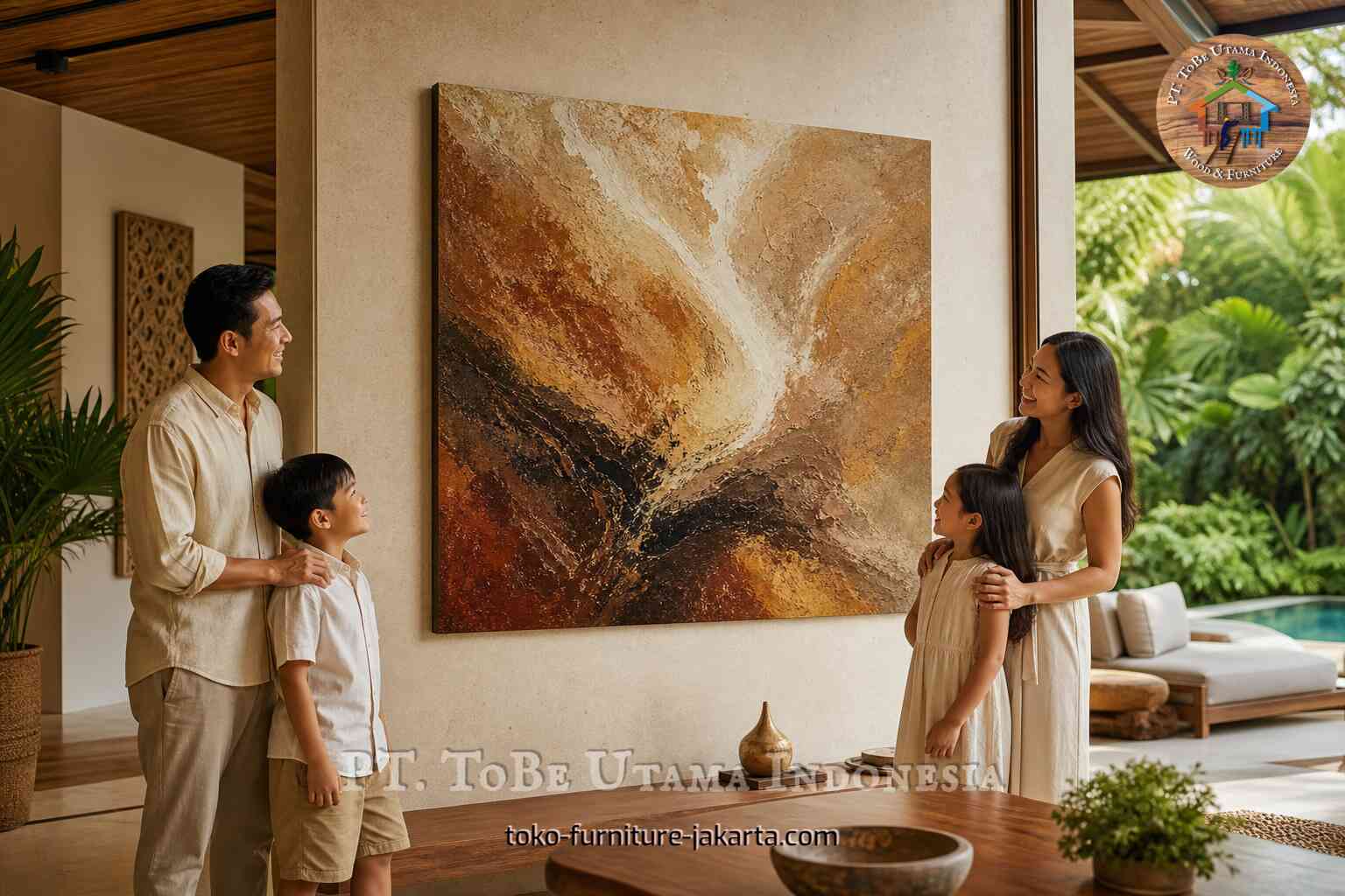 Sebuah keluarga sedang melihat lukisan abstrak besar bernuansa warna tanah di dalam interior rumah tropis.