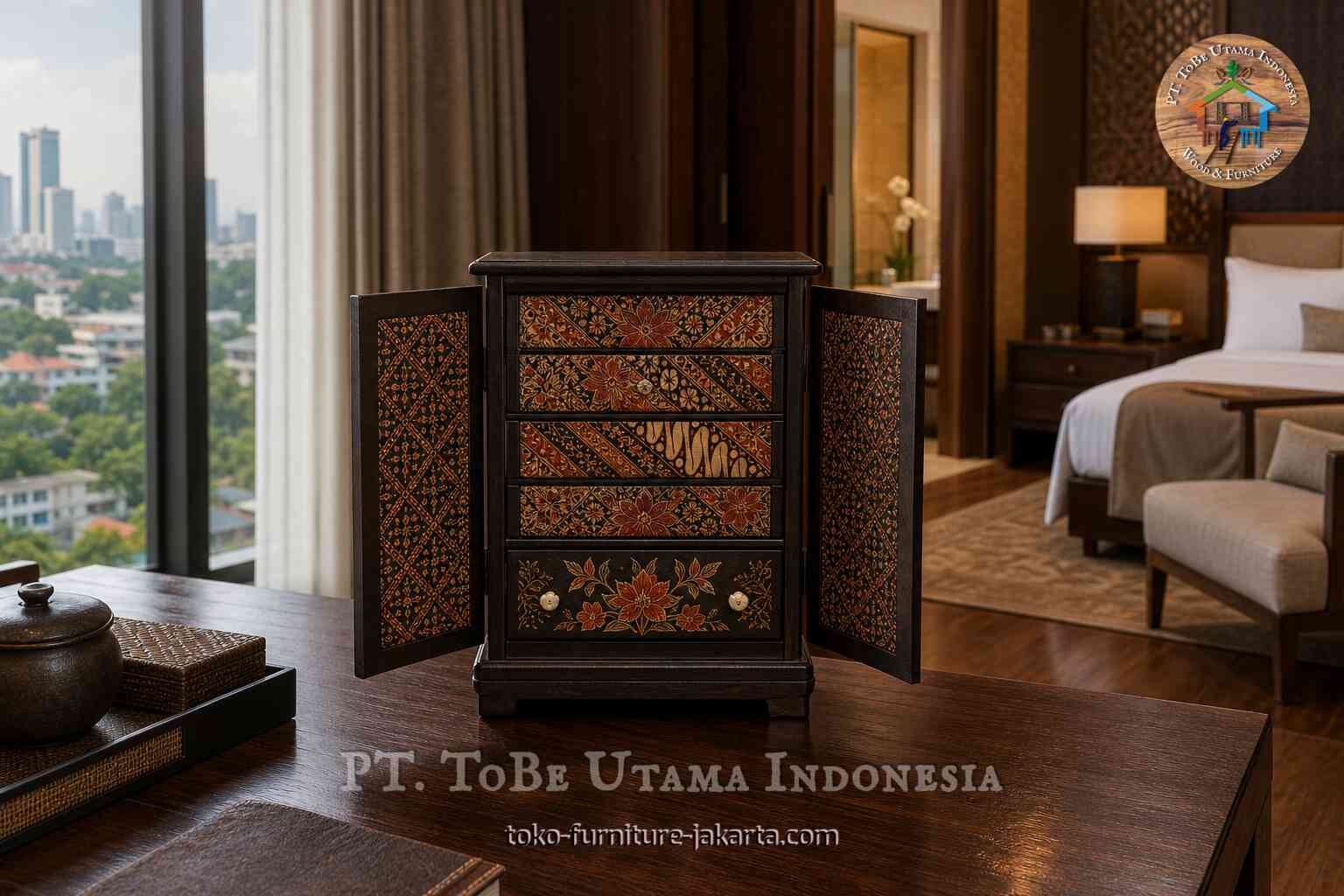 Open dark cabinet with ornate batik-style floral drawers on a wooden table in a hotel room