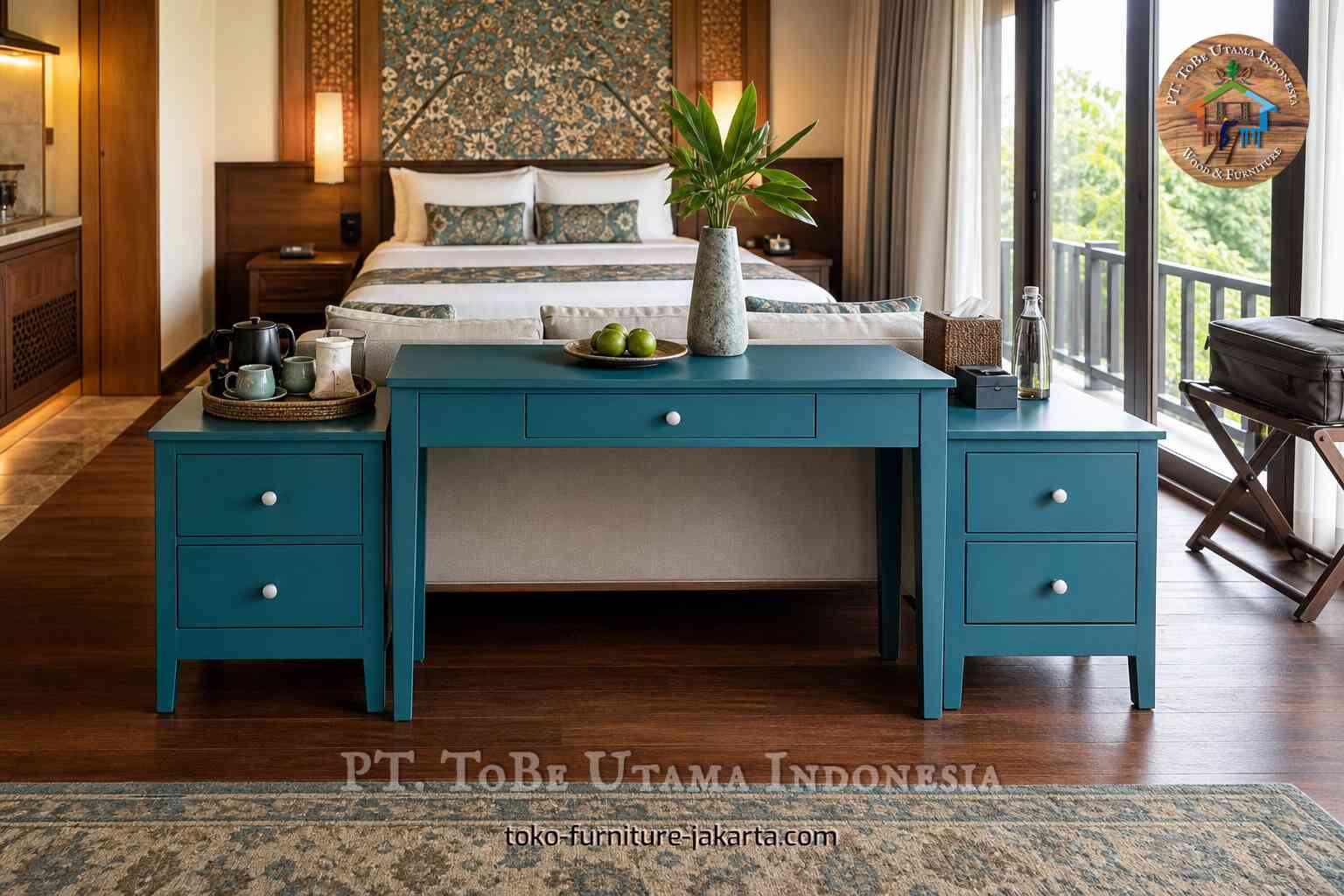 Teal desk with matching drawer cabinets in a furnished bedroom