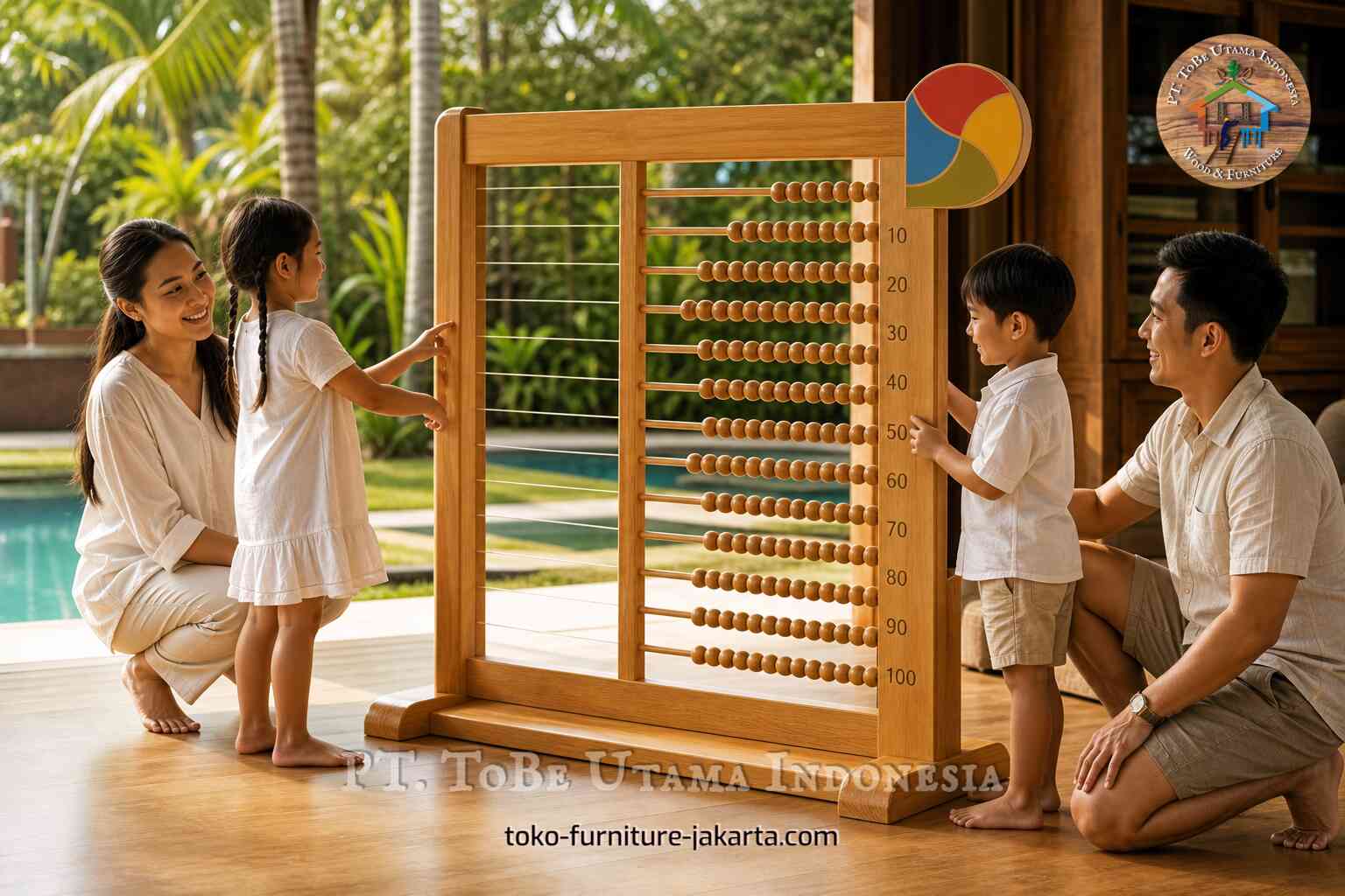 Family with children playing beside a large wooden counting frame on a sunny patio