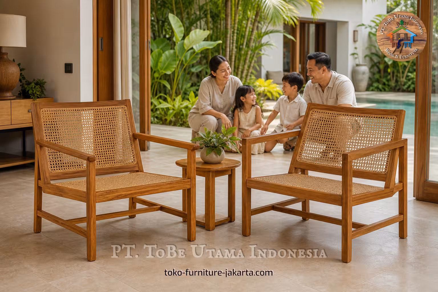 Two woven rattan-style wooden chairs with small table in a tropical patio family scene